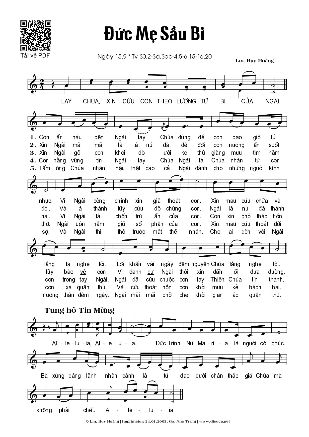 Trang 1 của Sheet nhạc PDF bài hát Đức Mẹ Sầu Bi - Huy Hoàng