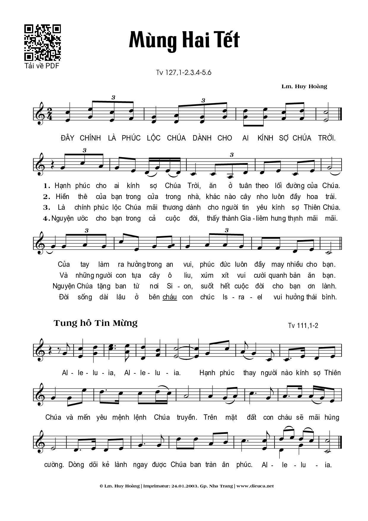 Sheet nhạc PDF bài Mùng 2 Tết  - Huy Hoàng