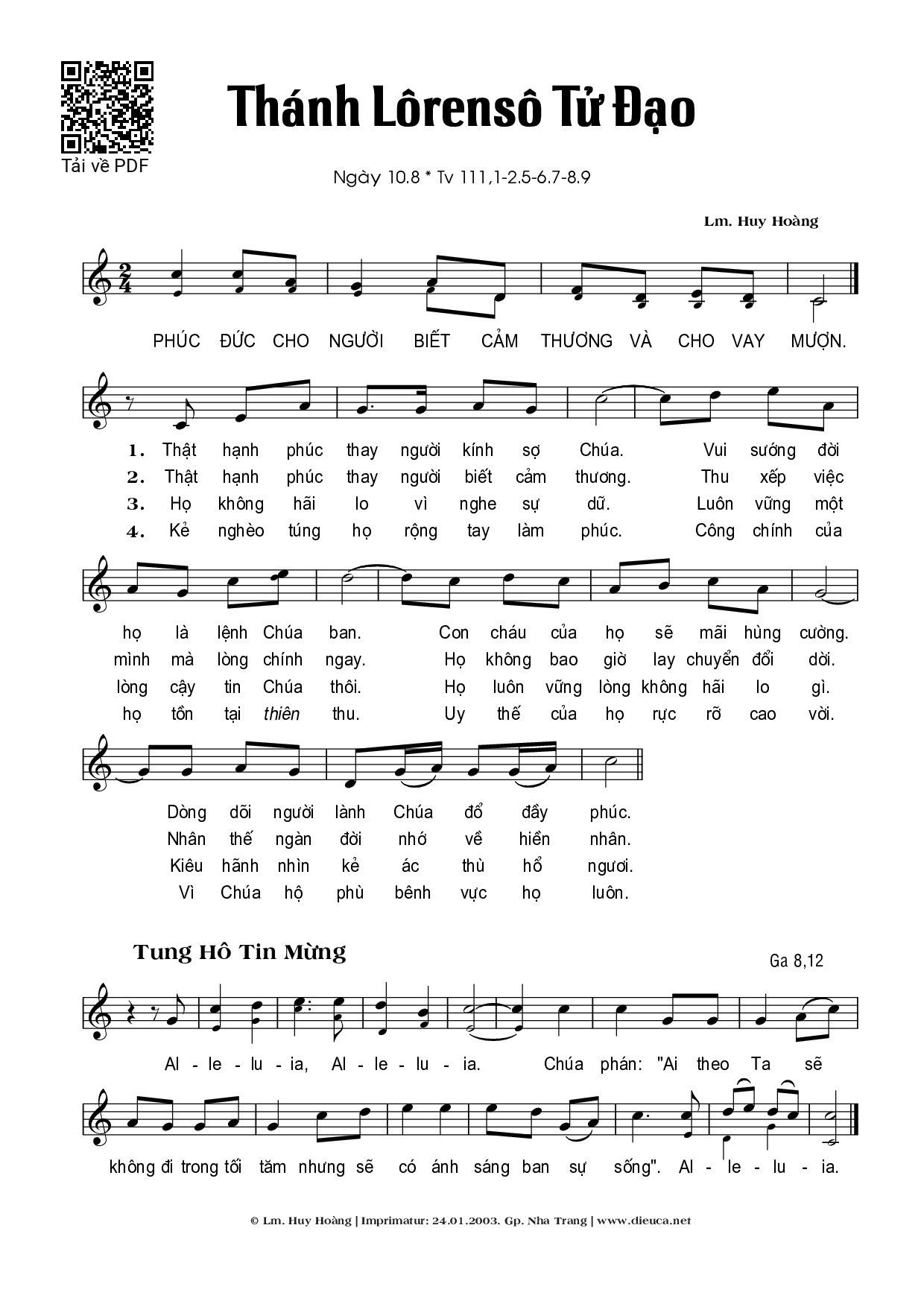 Sheet nhạc PDF bài Thánh Lorenso Tử Đạo (10.08)