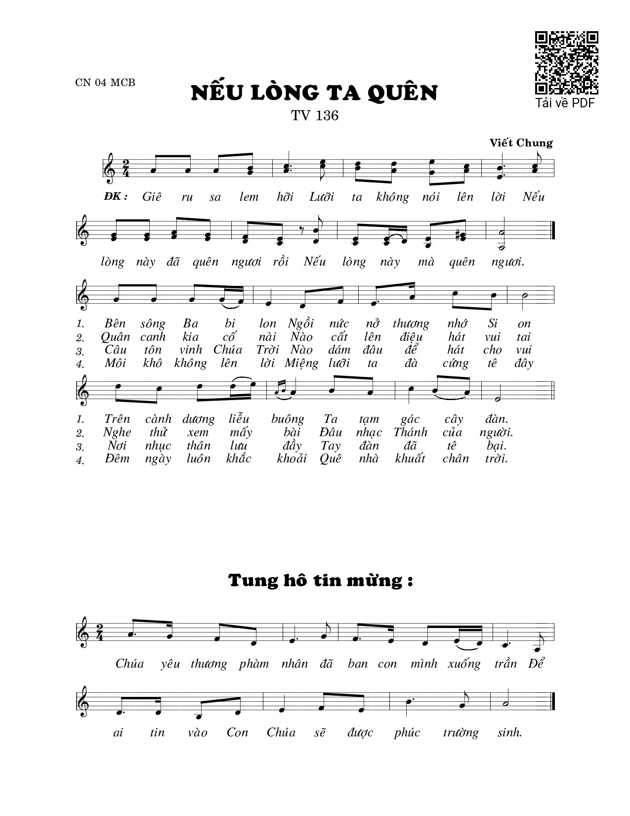 Sheet nhạc PDF bài Nếu lòng ta quên (Thánh Vịnh 136)