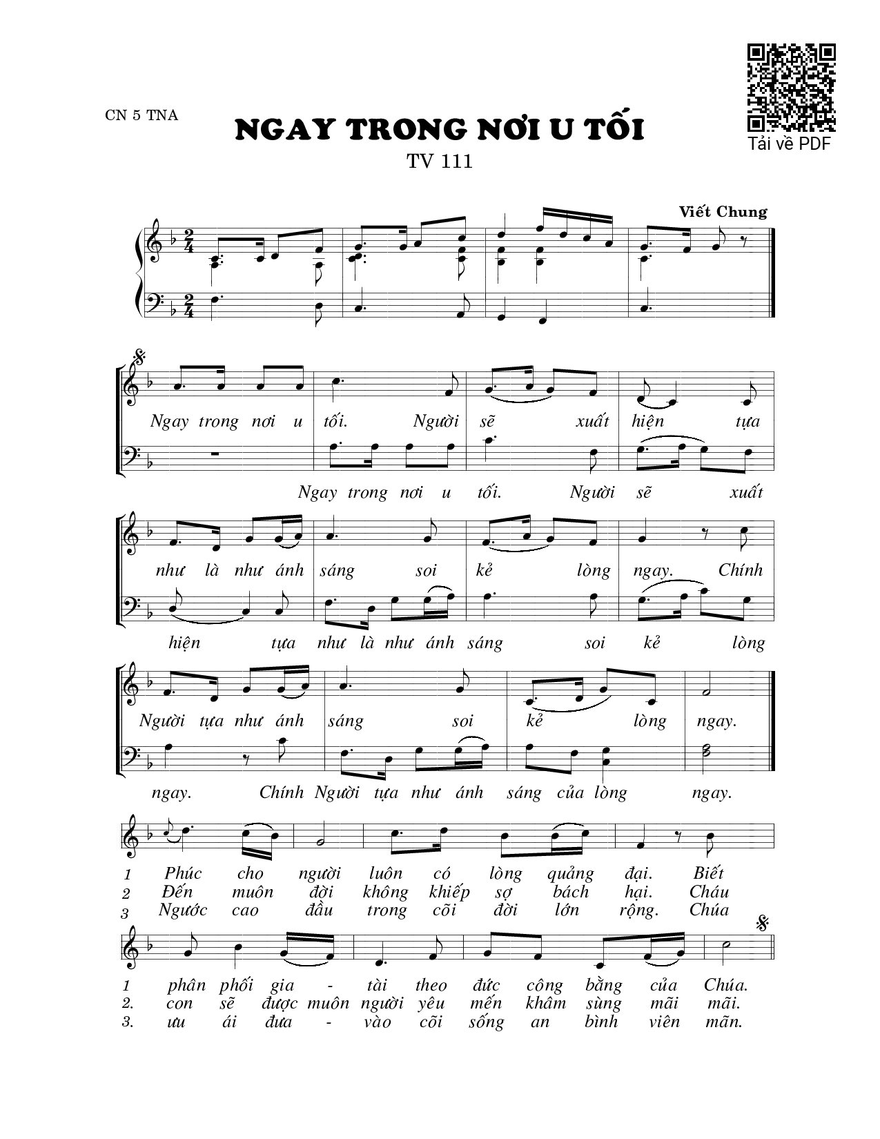 Trang 1 của Sheet nhạc PDF bài hát Ngay trong noi u tối (Thánh Vịnh 111) - Viết Chung