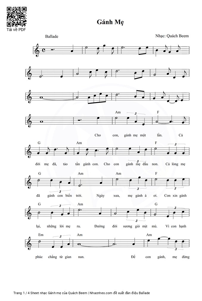 [Sheet] GÁNH MẸ Sheet Piano PDF, tải về sheet