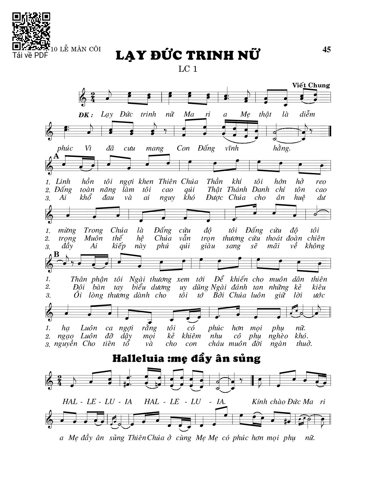 Trang 1 của Sheet nhạc PDF bài hát Lạy đức trinh nữ (Lc. 1) - Viết Chung