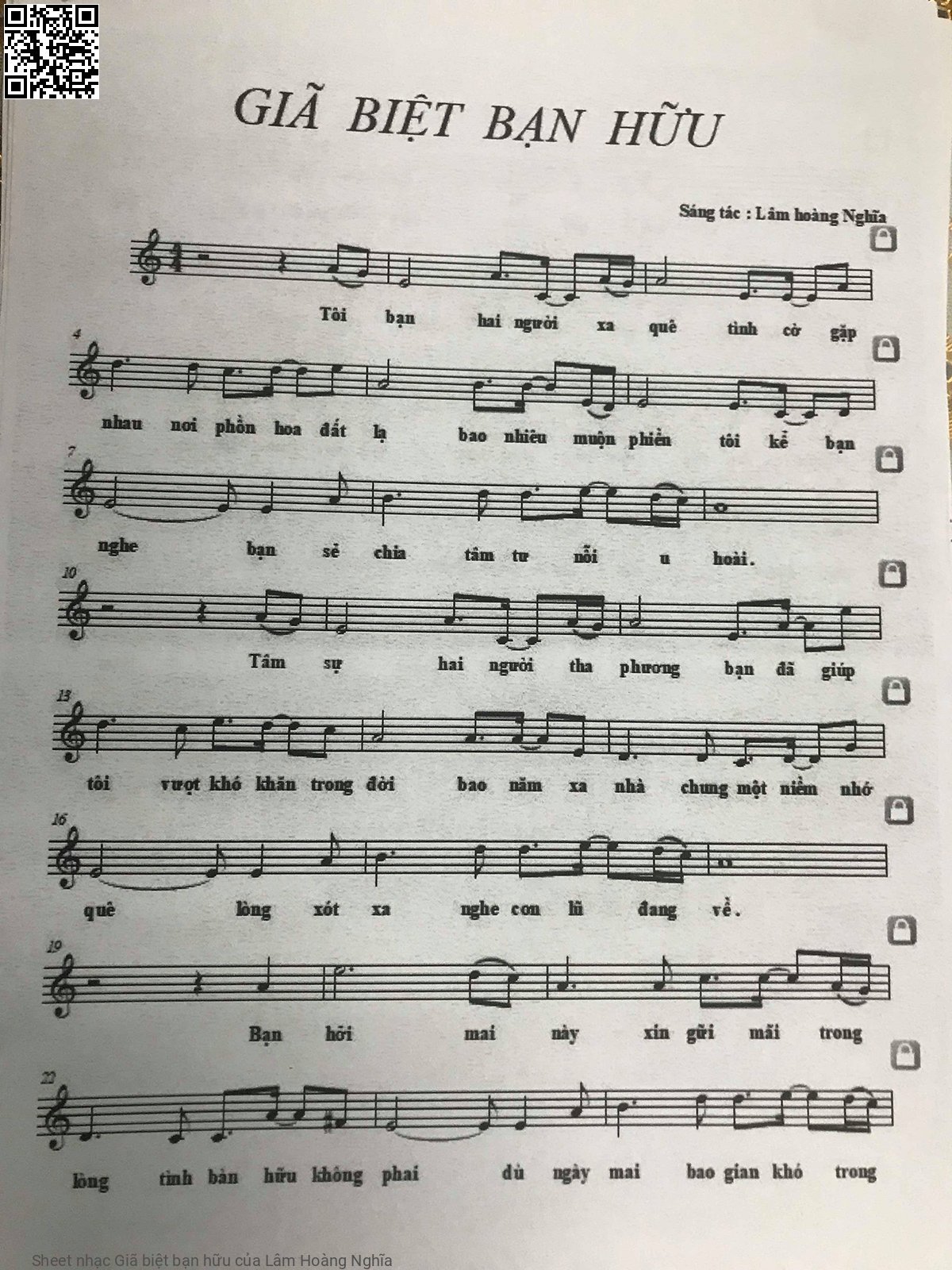 Trang 1 của Sheet nhạc PDF bài hát Giã biệt bạn hữu - Lâm Hoàng Nghĩa, 1. Tôi  bạn hai người xa  quê. Tình cờ gặp  nhau nơi  phồn hoa đất  lạ Bao nhiêu muộn  phiền tôi kể bạn  nghe