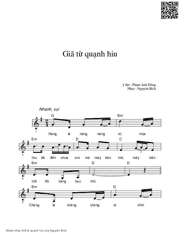 Trang 1 của Sheet nhạc PDF bài hát Giã từ quạnh hiu - Nguyên Bích, Nàng ơi nàng nàng  ơi mùa  thu đã đến chưa  em. Mà mây trên  trời mây trên  trời đã bàng bạc  trôi