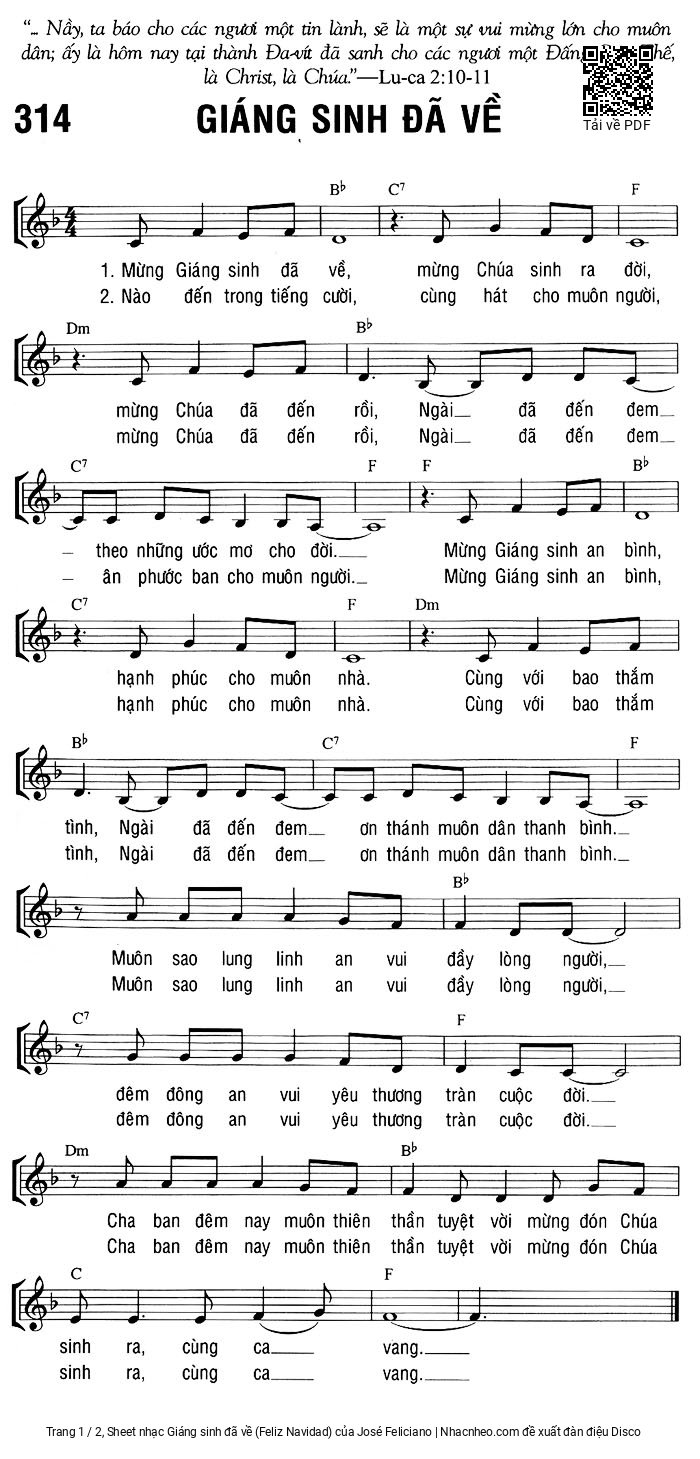 Trang 1 của Sheet nhạc PDF bài hát Giáng sinh đã về (Feliz Navidad) - José Feliciano