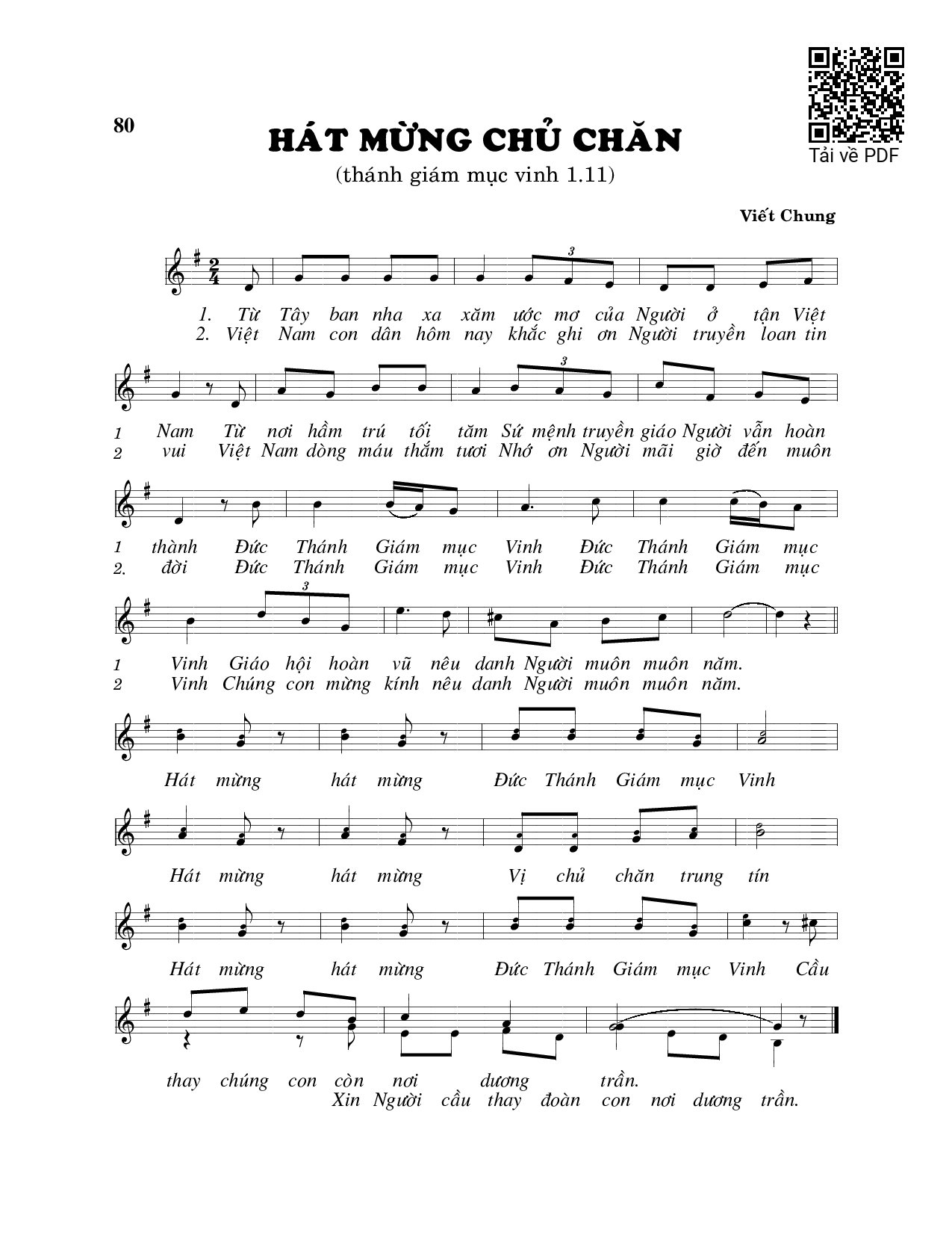Sheet nhạc PDF bài Hát mừng chủ chăn