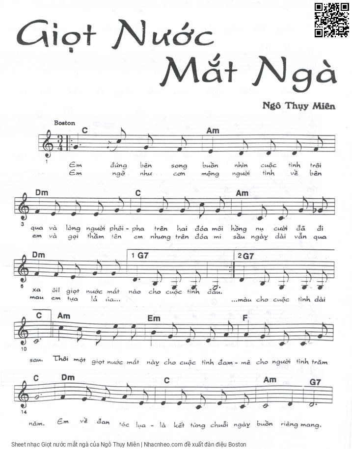 Trang 1 của Sheet nhạc PDF bài hát Giọt nước mắt ngà - Ngô Thụy Miên, 1.  Em đứng bên song  buồn