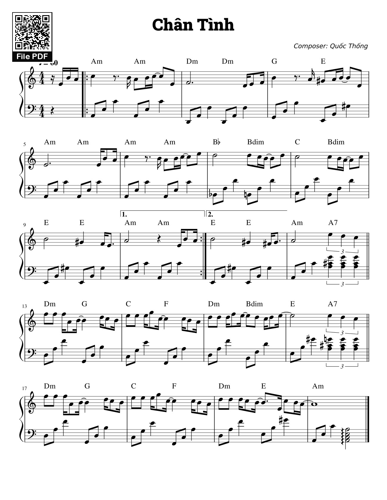 Sheet nhạc PDF bài Chân Tình Sheet Piano