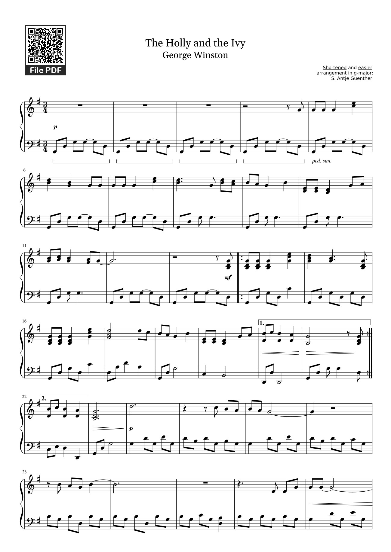 Trang 1 của Sheet nhạc PDF bài hát The Holly and the Ivy George Winston
 Sheet Piano - Shortened and easier 
