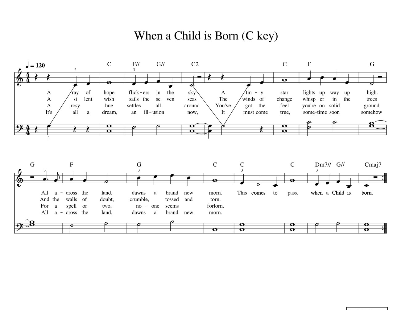 Sheet nhạc PDF bài When a Child is Born (C key) Sheet Piano