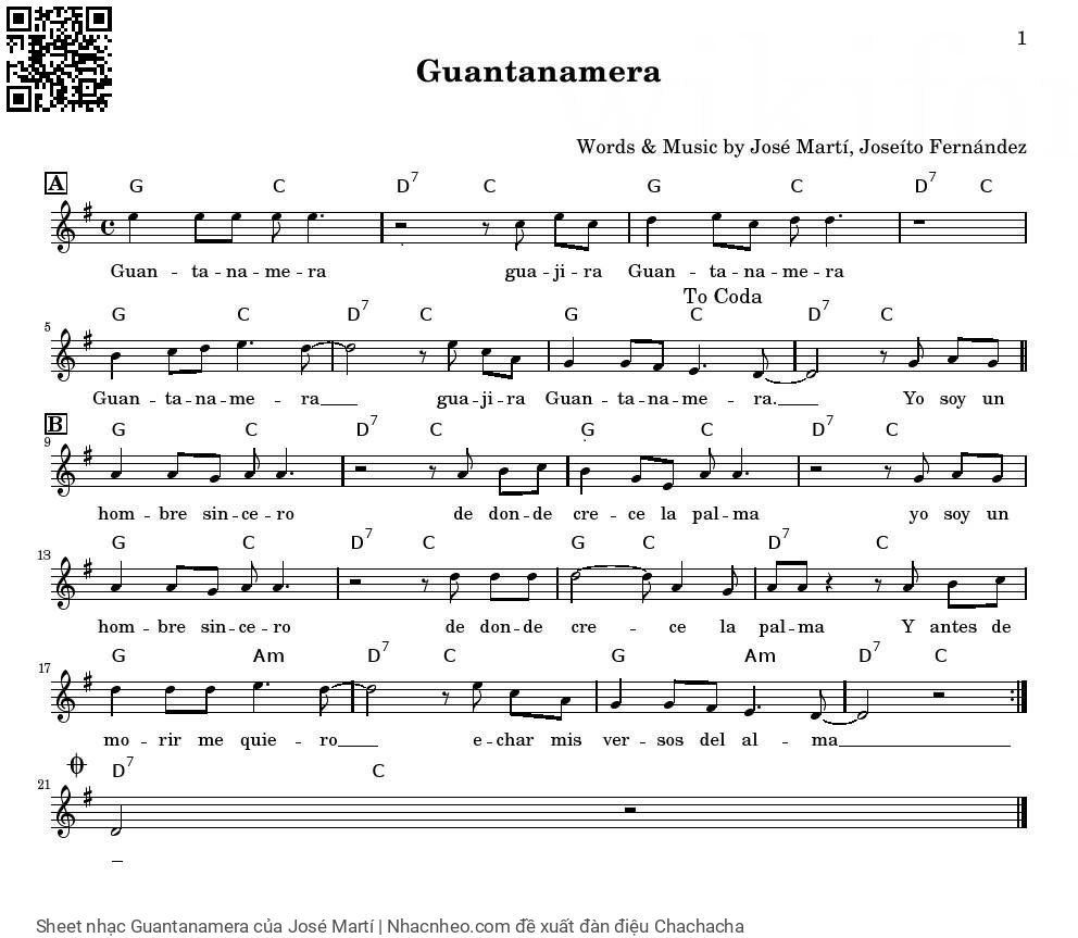 Trang 1 của Sheet nhạc PDF bài hát Guantanamera - José Martí, Intro :  –.  Guantanamera ,  guajira  Guantanamera