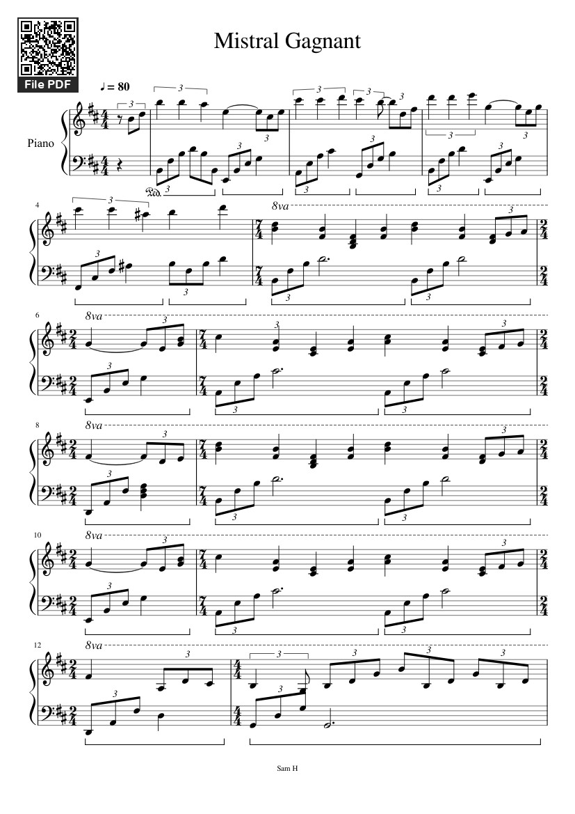 Trang 1 của Sheet nhạc PDF bài hát Mistral Gagnant Sheet Piano - Sam027