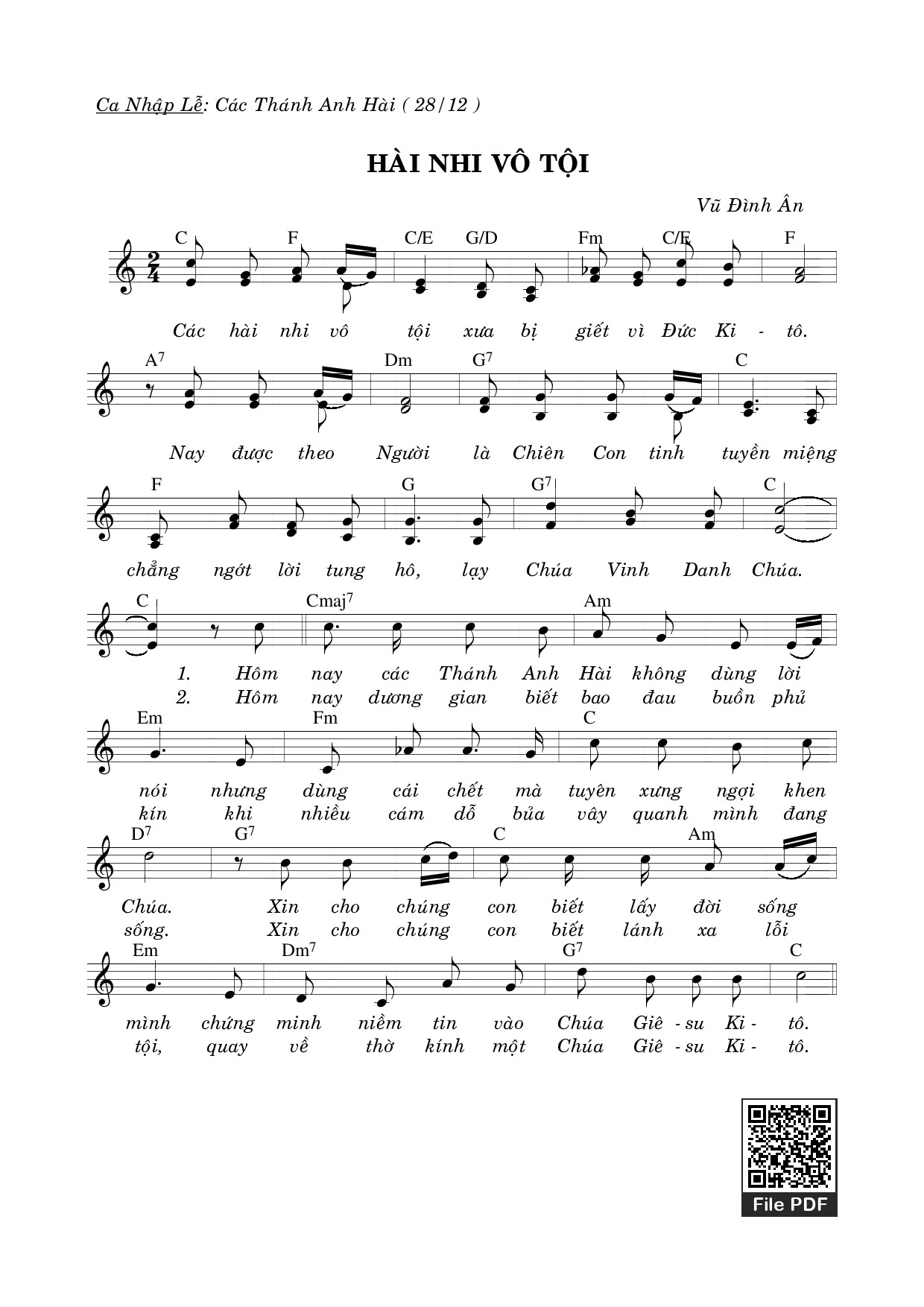 Sheet nhạc PDF bài Hài Nhi Vô Tội