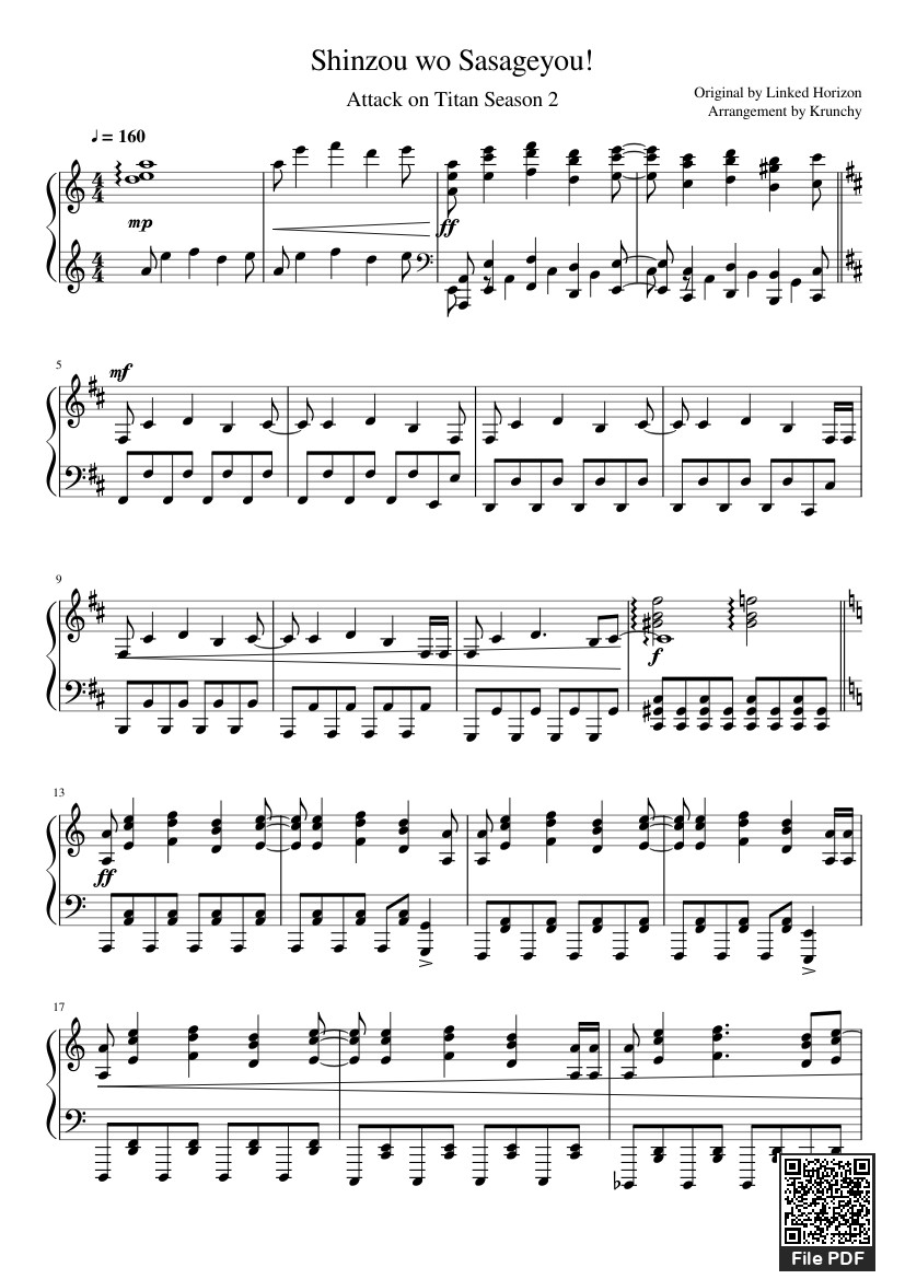 Trang 1 của Sheet nhạc PDF bài hát Shinzou wo Sasageyou! Sheet Piano - Krunchy