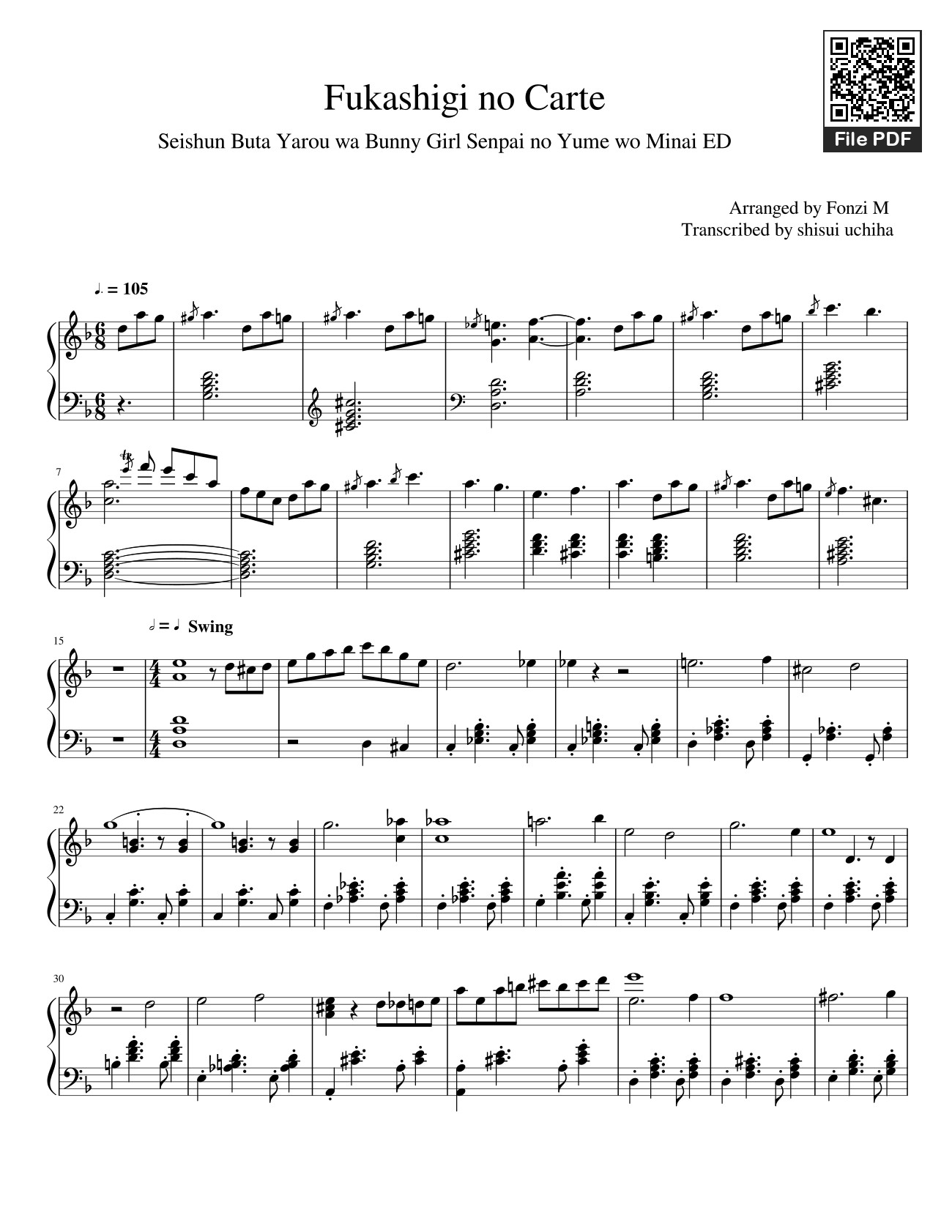 Sheet nhạc PDF bài Fukashigi no Carte Sheet Piano