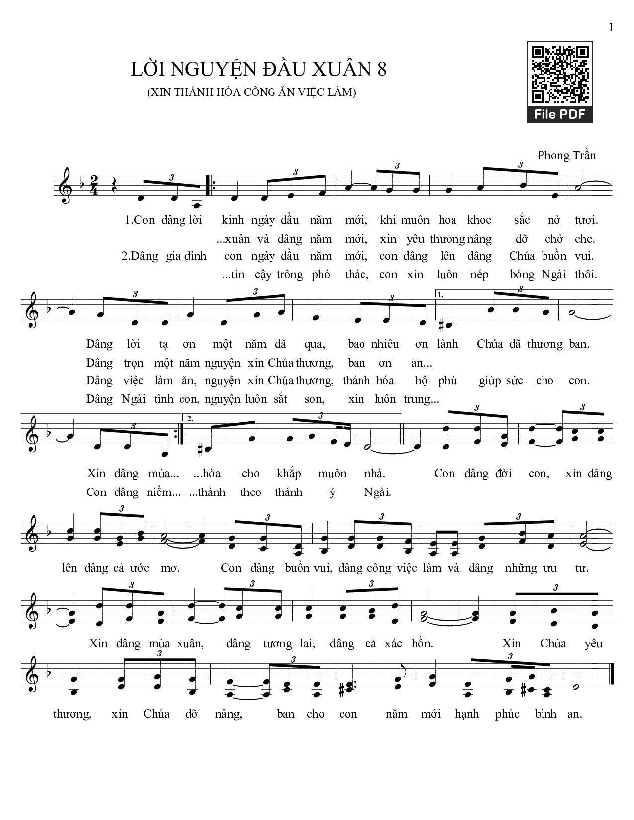 Trang 1 của Sheet nhạc PDF bài hát Lời nguyện đầu xuân. 8 - Phong Trần