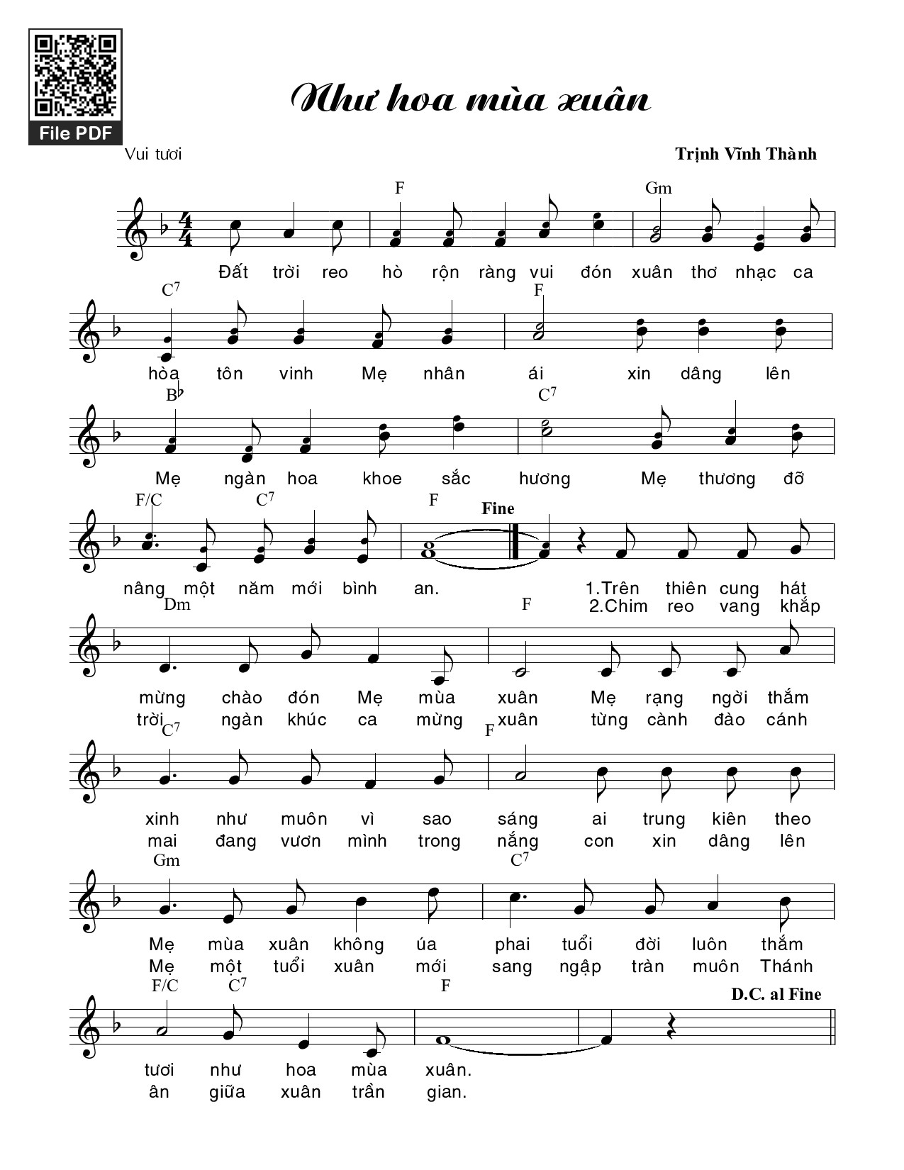 Sheet nhạc PDF bài Như hoa mùa xuân