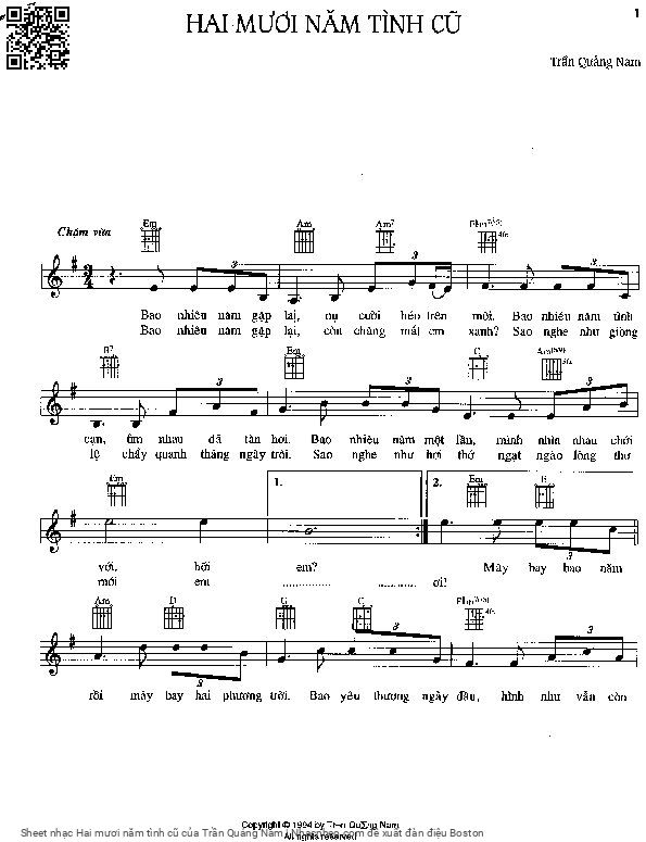 Trang 1 của Sheet nhạc PDF bài hát Hai mươi năm tình cũ - Trần Quảng Nam, Bao nhiêu năm gặp  lại nụ  cười héo trên  môi. Bao nhiêu năm tình  cạn tìm nhau đã mòn  hơi