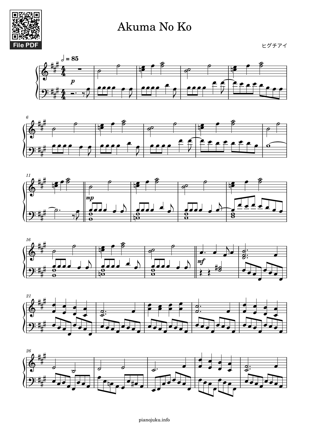 Trang 1 của Sheet nhạc PDF bài hát Akuma No Ko Sheet Piano - Pianojuku.info