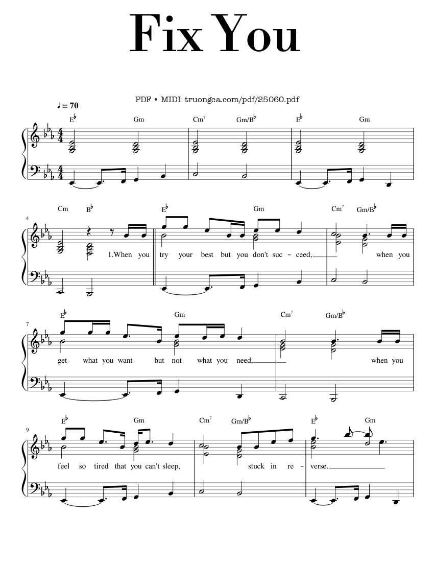 Trang 1 của Sheet nhạc PDF bài hát Fix You Sheet Piano - Leon Montealegre