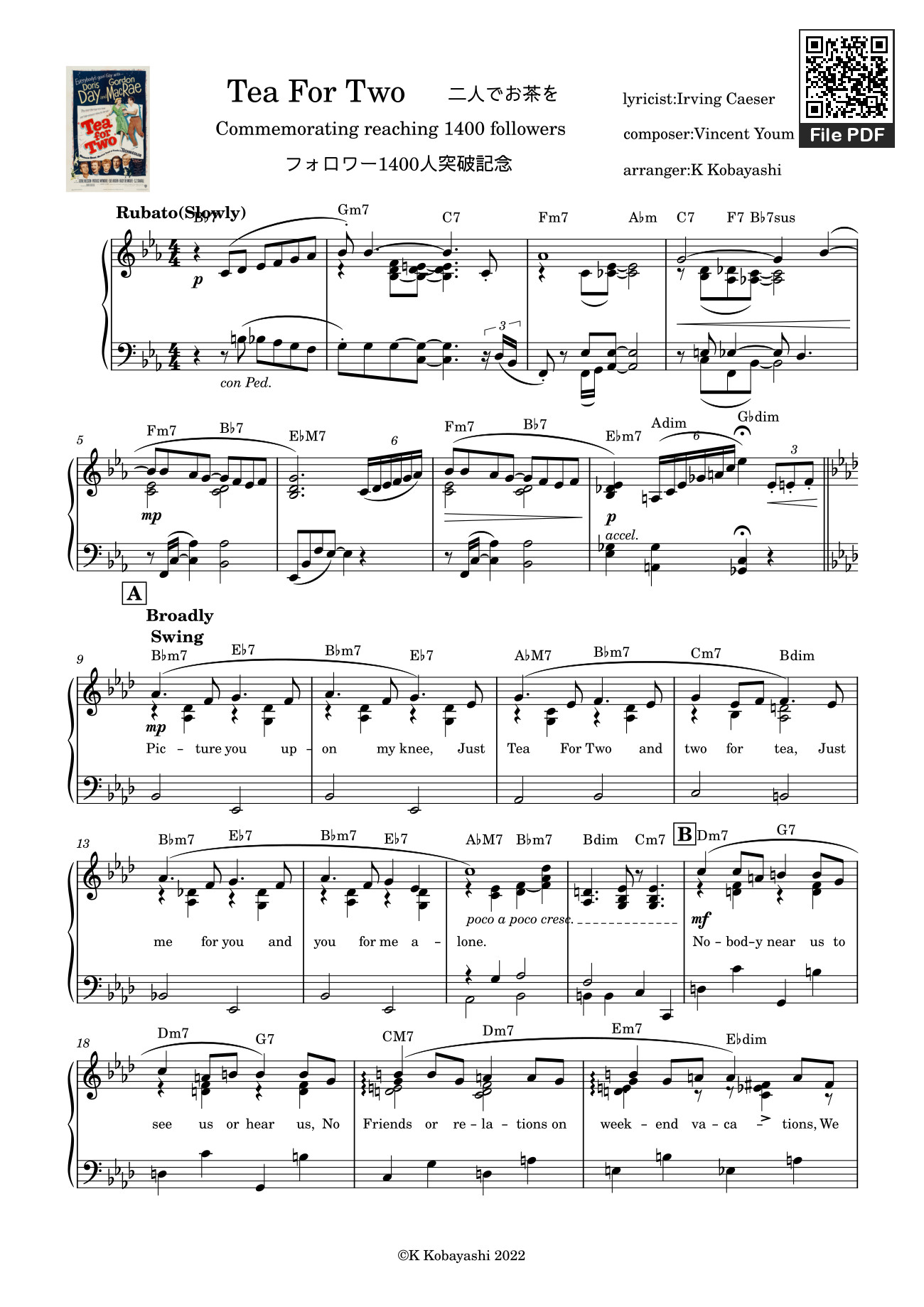 Sheet nhạc PDF bài Tea For Two Sheet Piano