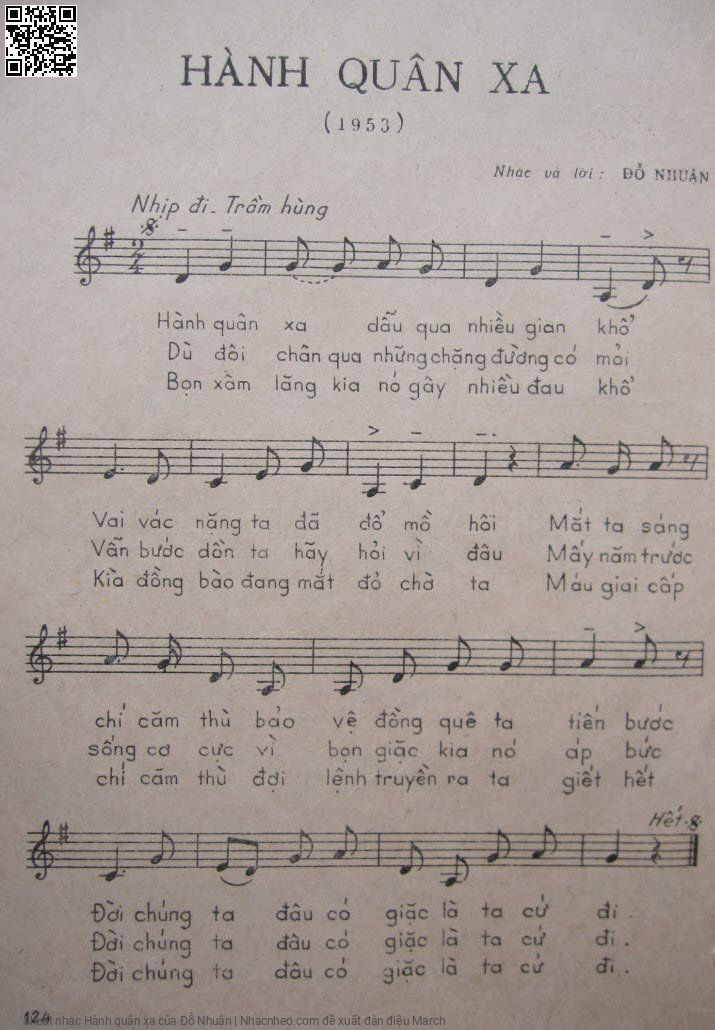 Trang 1 của Sheet nhạc PDF bài hát Hành quân xa - Đỗ Nhuận, 1. Hành quân  xa dẫu có nhiều gian  khổ. Vai vác  nặng ta đã đổ mồ  hôi Mắt ta sáng  chí căm thù bảo vệ đồng quê ta  tiến bước
