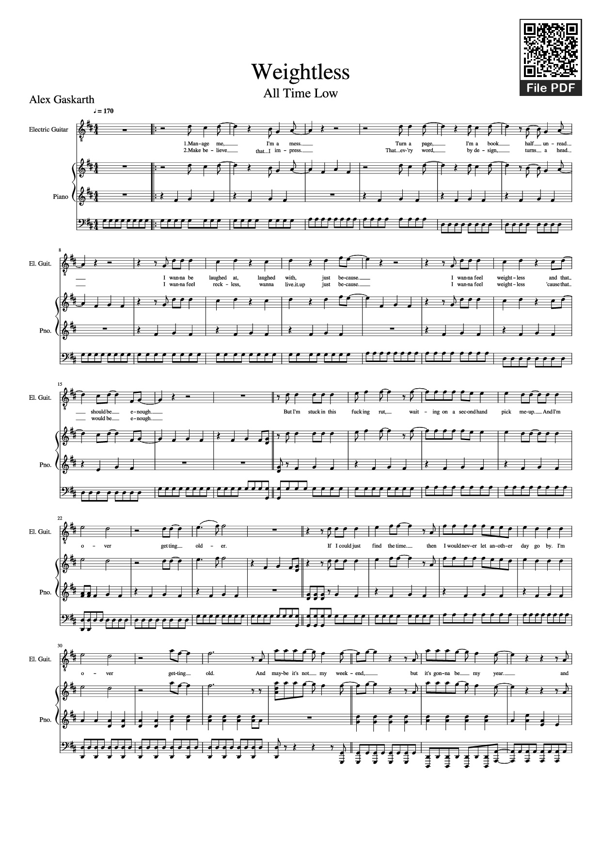 Trang 1 của Sheet nhạc PDF Piano Guitar Tab bài hát Weightless Piano - All Time Low