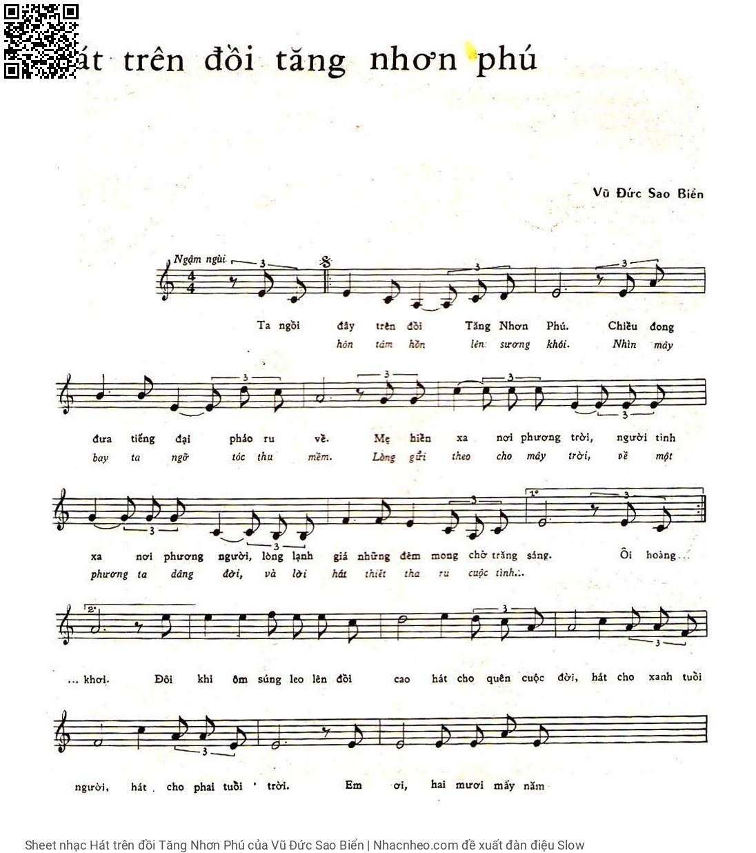 Trang 1 của Sheet nhạc PDF bài hát Hát trên đồi Tăng Nhơn Phú - Vũ Đức Sao Biển, 1. Ta ngồi  đây trên đồi Tăng Nhơn Phú. Chiều đong  đưa tiếng đại pháo ru  về