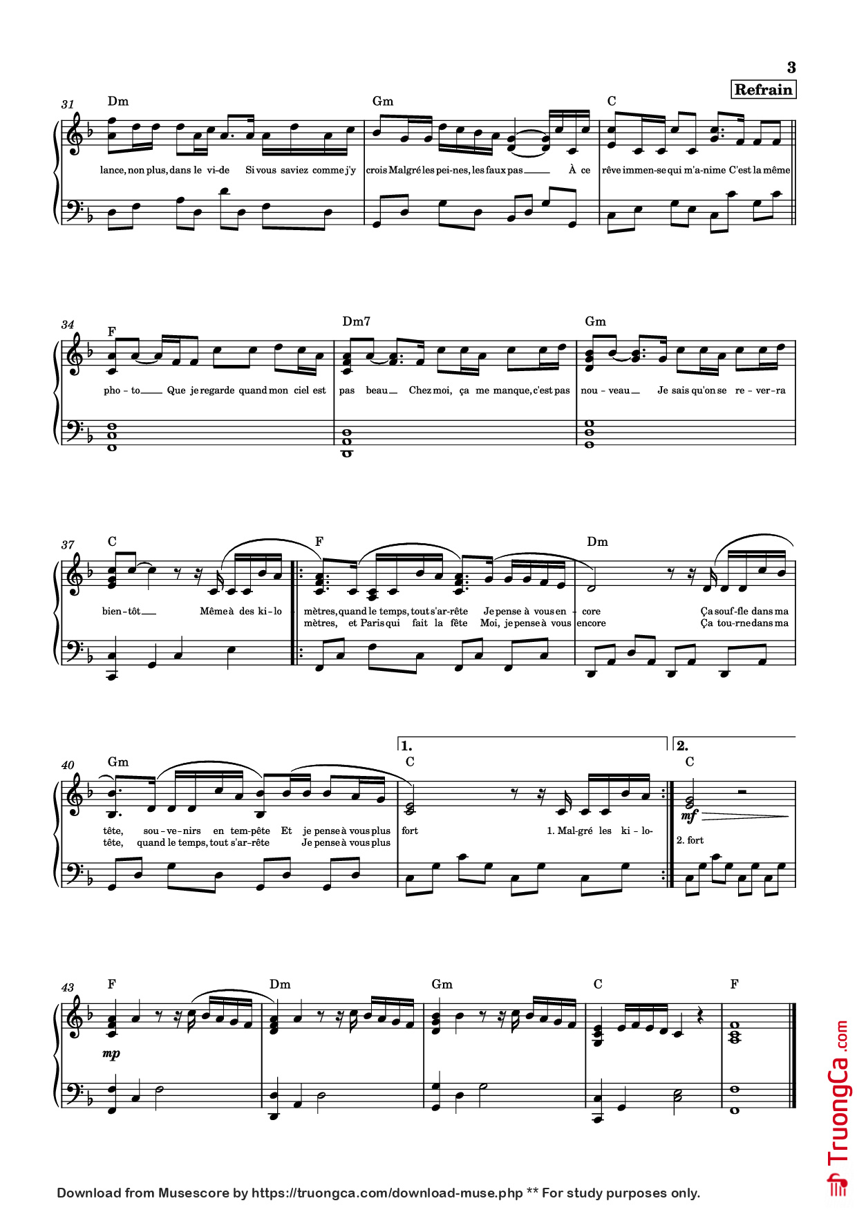 Trang 3 của Sheet nhạc PDF Piano bài hát JE PENSE À VOUS Piano - Linh