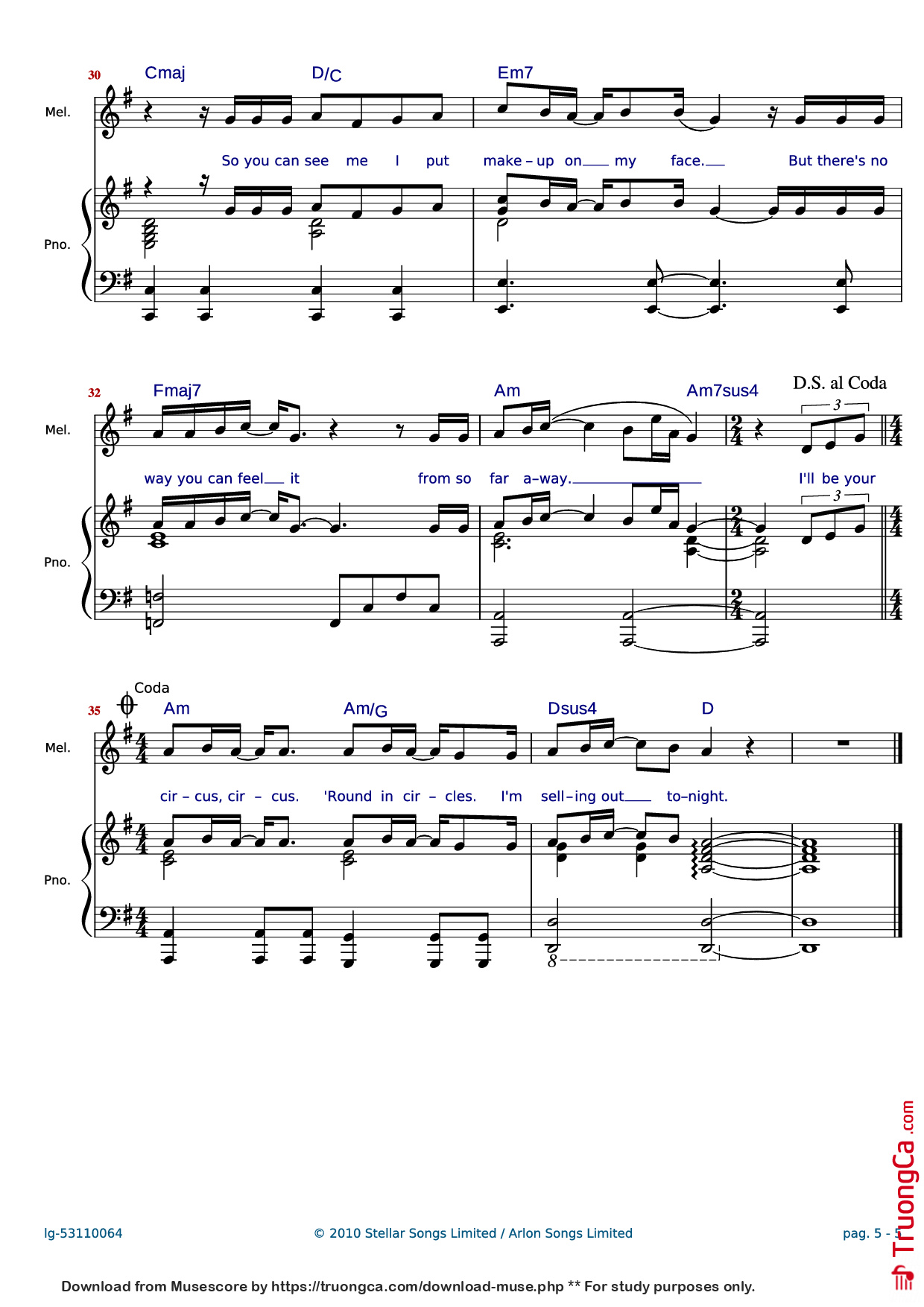 Trang 5 của Sheet nhạc PDF Piano bài hát Clown Piano - Words and Music by Shahid Khan, Emeli Sand? & Grant Mitschell