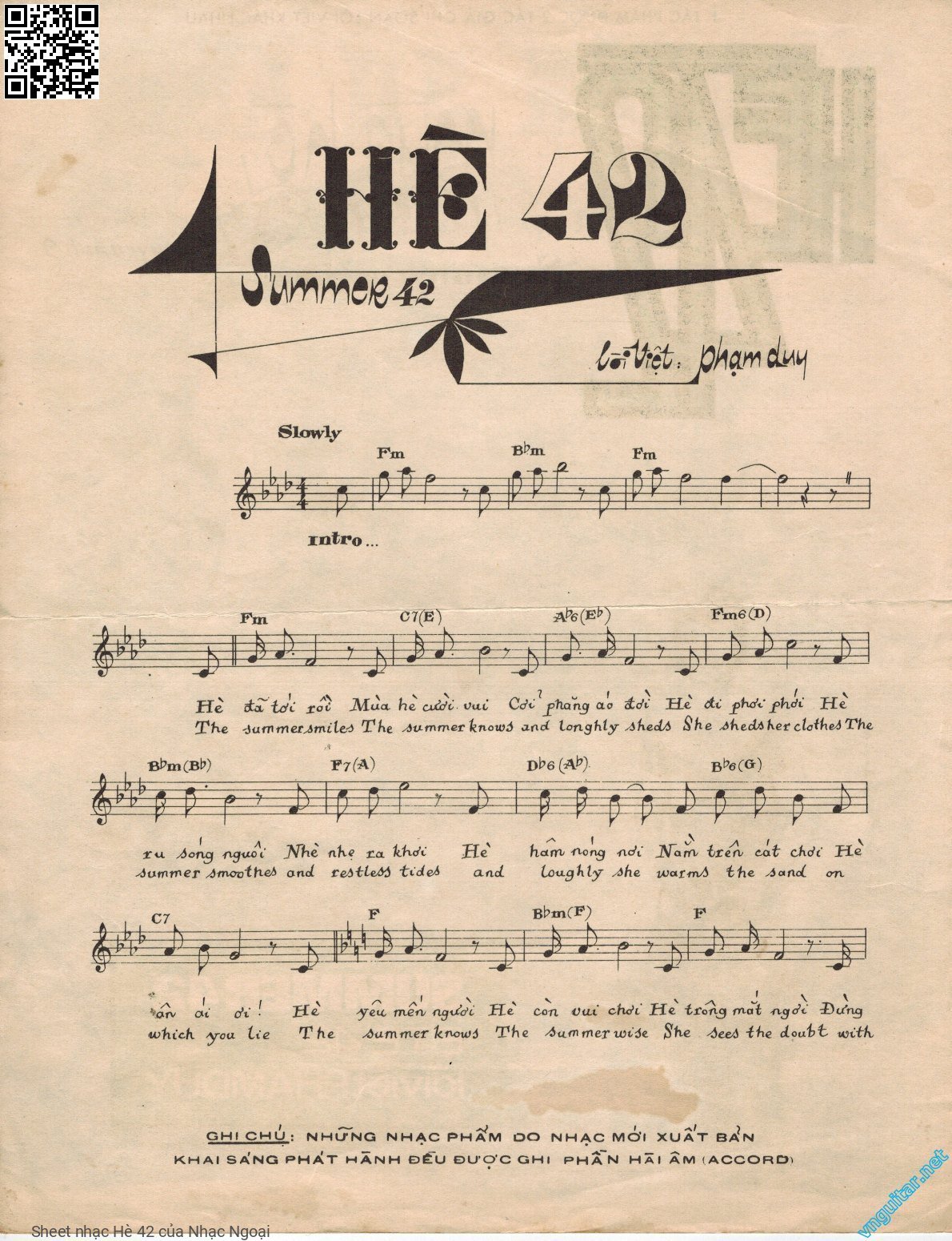 Trang 1 của Sheet nhạc PDF bài hát Hè 42 - Nhạc Ngoại, Hè  đã tới rồi mùa  hè cười vui. Cởi  phăng áo đời hè  đi phơi phới Hè  ru sóng nguôi nhẹ  nhè ra khơi
