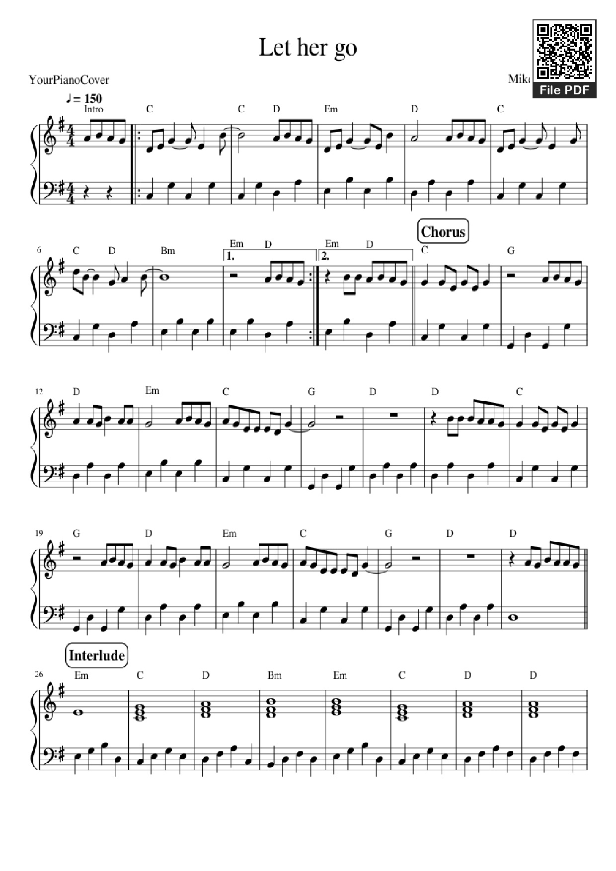 Sheet nhạc PDF bài Let her go Piano