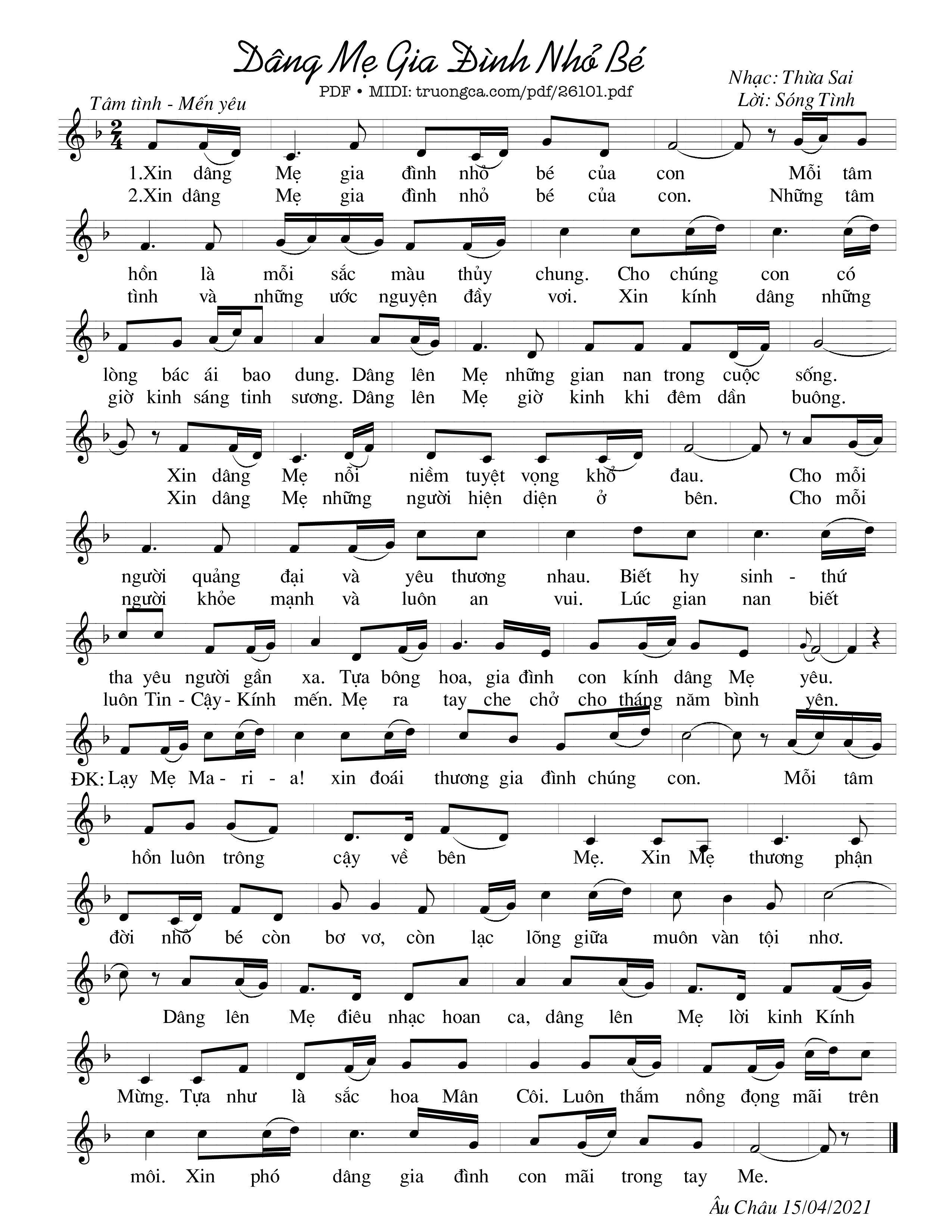 Sheet nhạc PDF bài Dâng Mẹ gia đình nhỏ bé