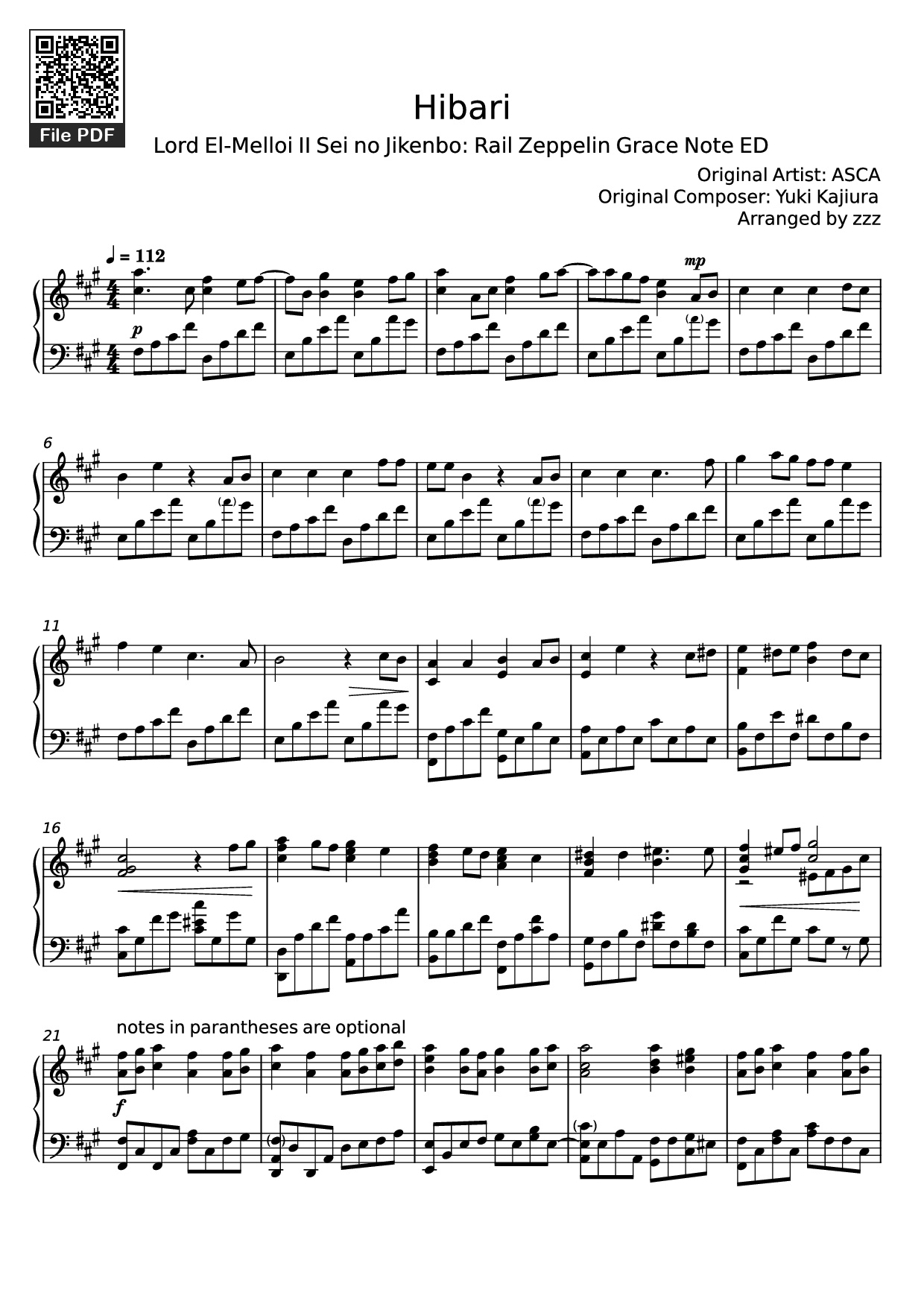 Trang 1 của Sheet nhạc PDF Piano bài hát Hibari Piano - Original Artist: ASCA