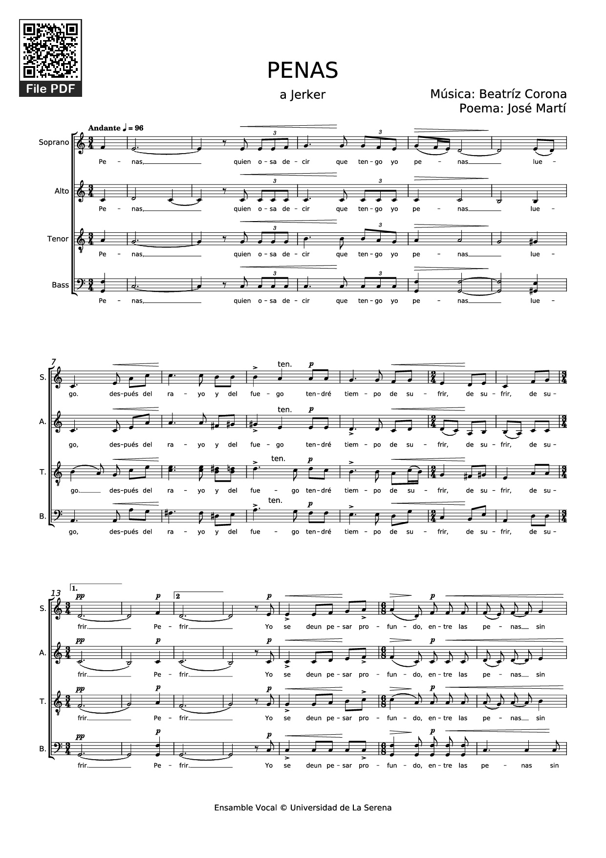 Trang 1 của Sheet nhạc PDF Piano bài hát PENAS Piano - Música: Beatríz Corona