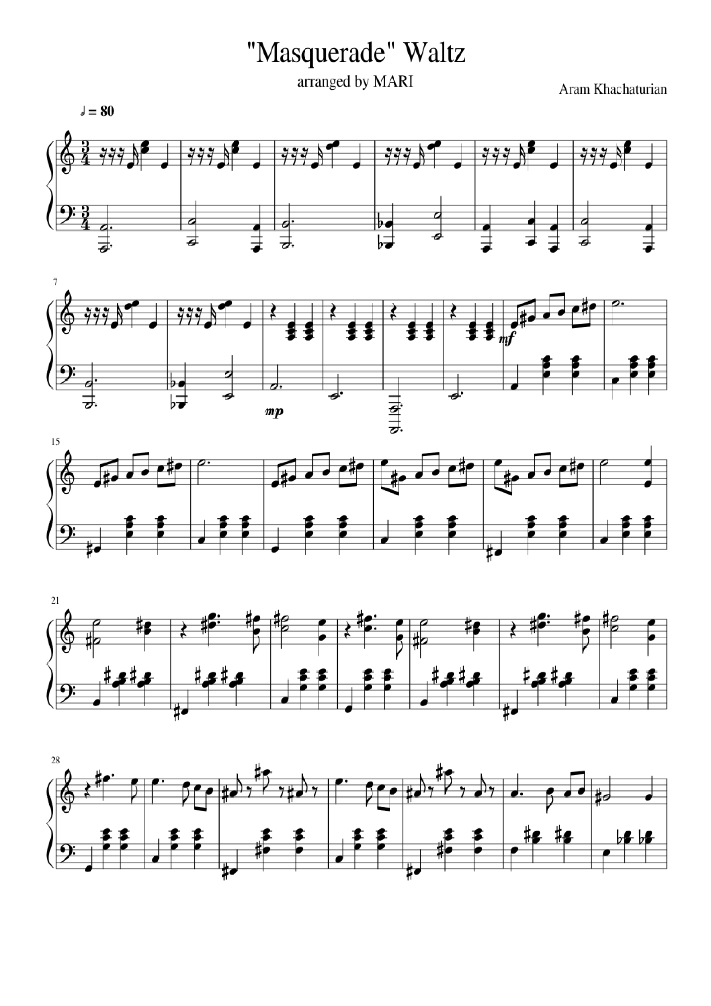 Sheet nhạc PDF bài Waltz from Masquerade Piano