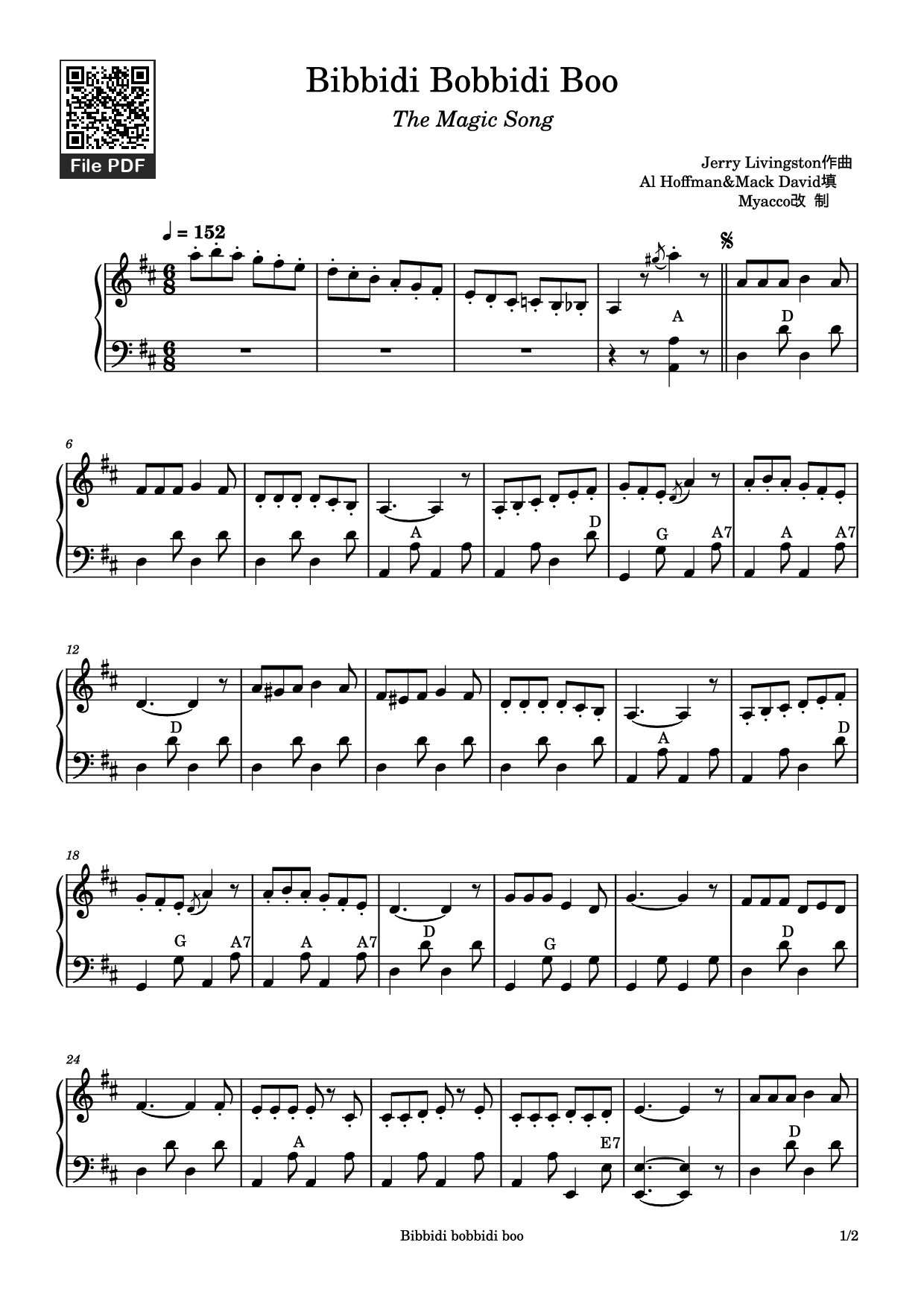 Trang 1 của Sheet nhạc PDF Piano bài hát Bibbidi Bobbidi Boo Piano - Jerry Livingston作曲