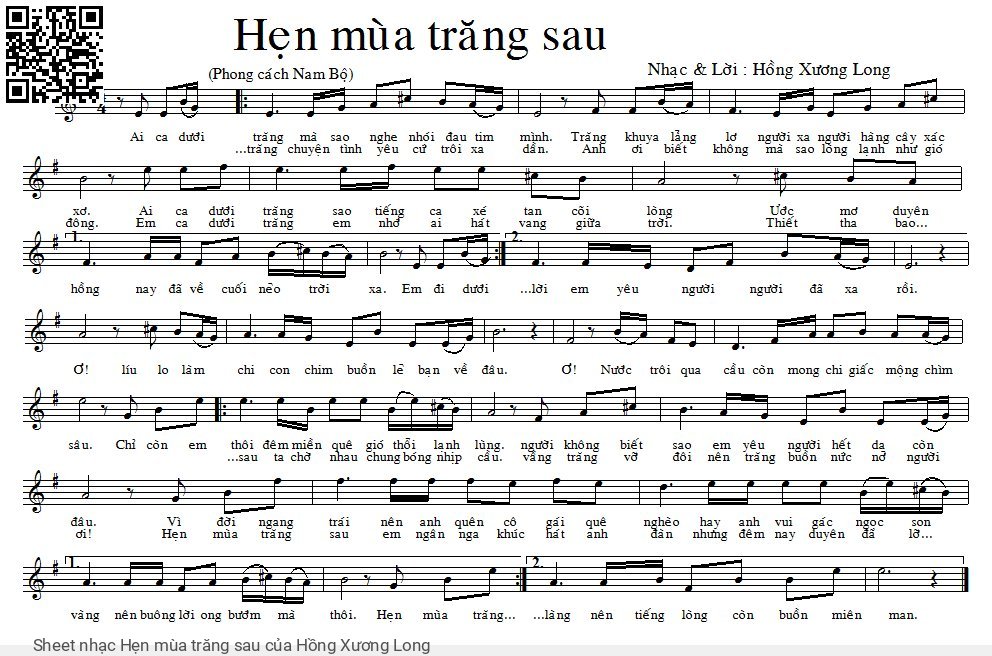 Trang 1 của Sheet nhạc PDF bài hát Hẹn mùa trăng sau - Hồng Xương Long, 1. Ai ca dưới  trăng mà sao  nghe nhói đau tim  mình. Trăng khuya lắc  lơ người xa  người hàng cây xác  xơ