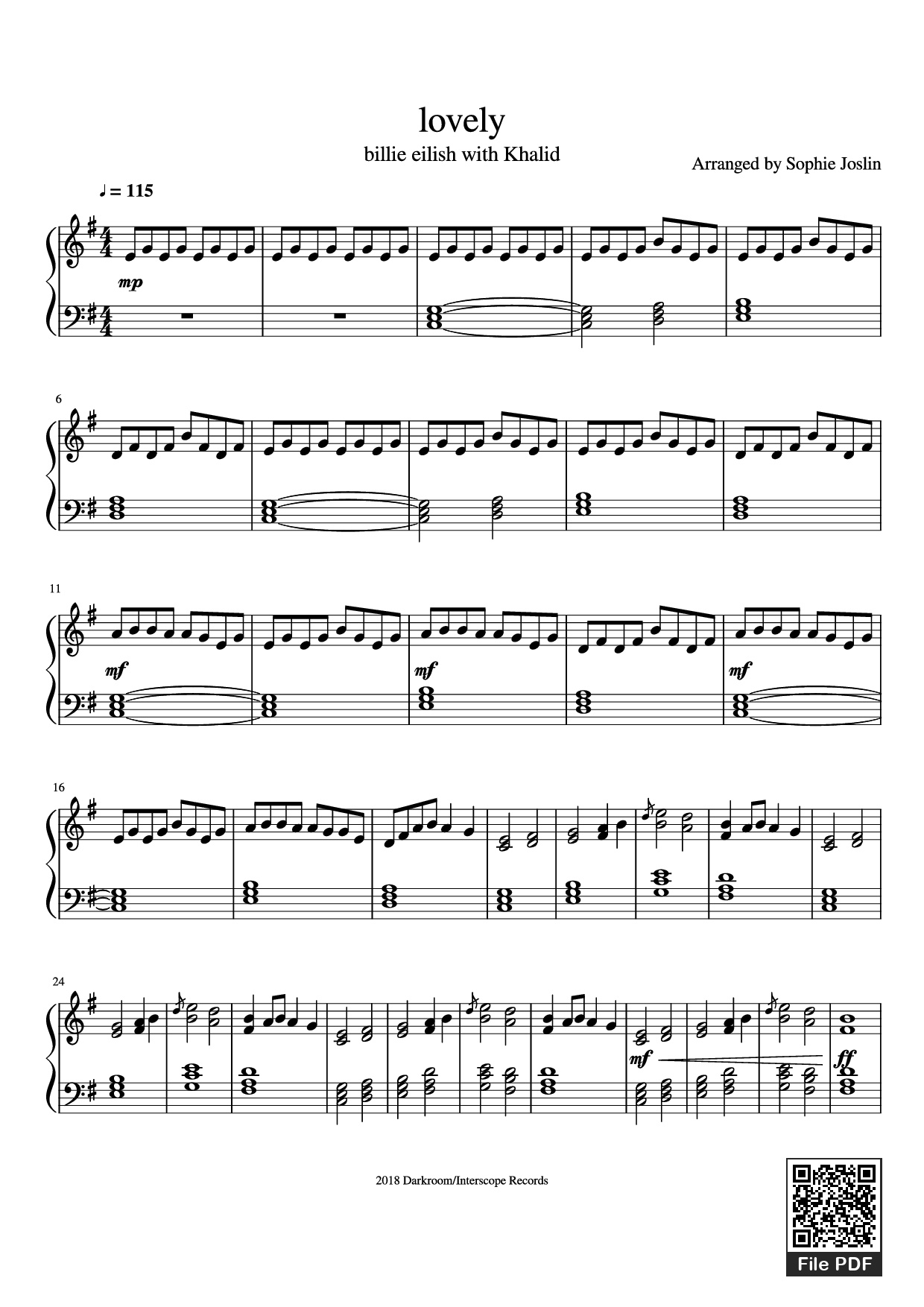 Trang 1 của Sheet nhạc PDF Piano bài hát lovely Piano - Arranged by Sophie Joslin