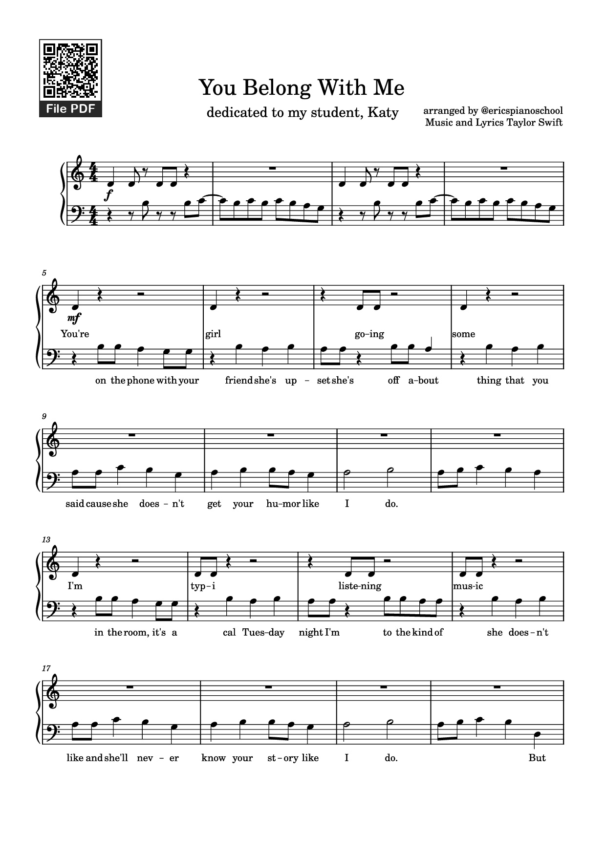 Trang 1 của Sheet nhạc PDF Piano bài hát You Belong With Me Piano - Arranged by @ericspianoschool