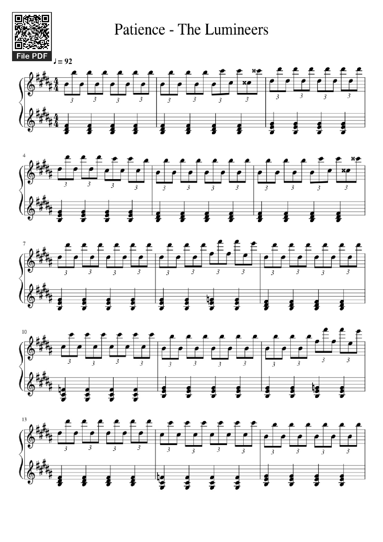 Trang 1 của Sheet nhạc PDF Piano bài hát Patience - The Lumineers Piano - Undefined