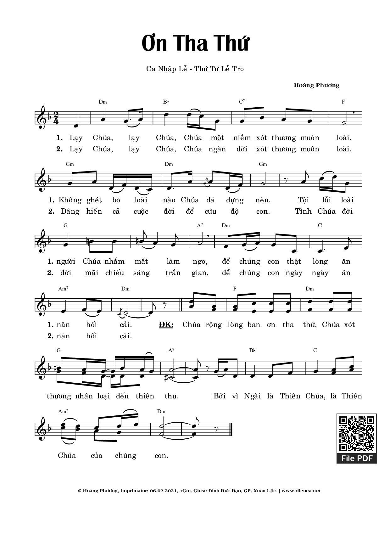 Sheet nhạc PDF bài Ơn Tha Thứ (Lễ Tro)