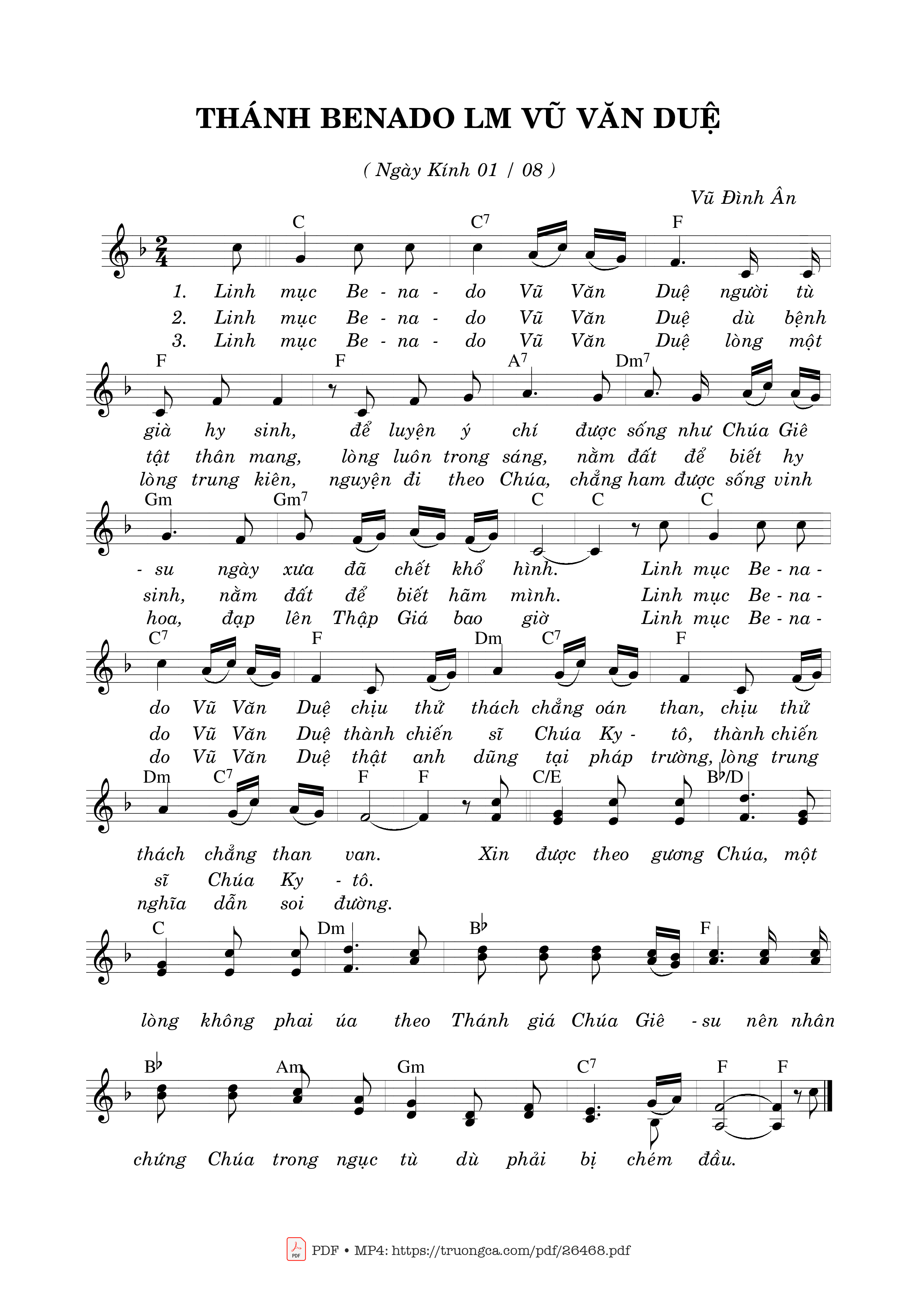 Trang 1 của Sheet nhạc PDF bài hát Thánh Benado Lm. Vũ Văn Duệ (01.08) - Vũ Đình Ân