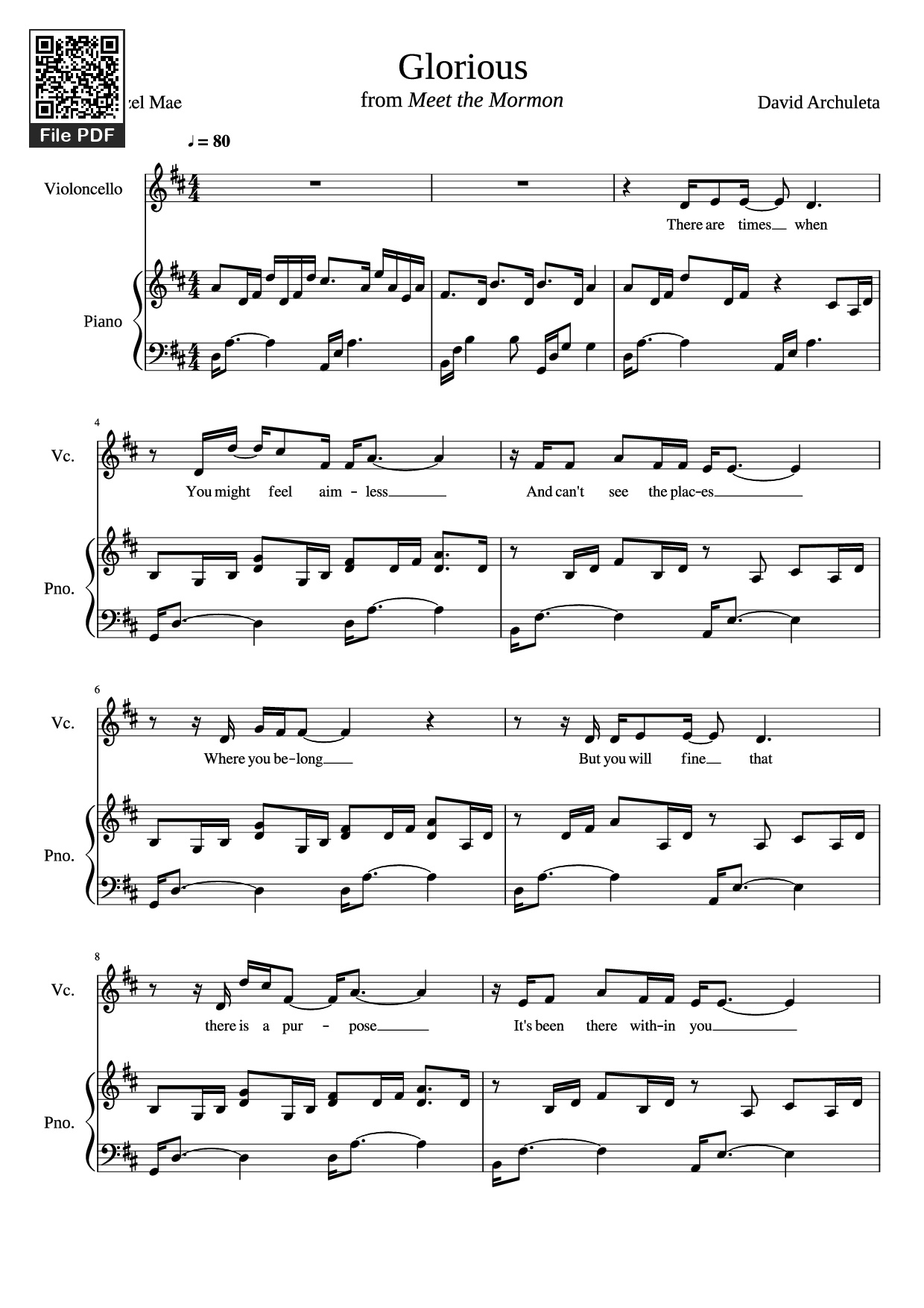Trang 1 của Sheet nhạc PDF Piano bài hát Glorious Piano - David Archuleta