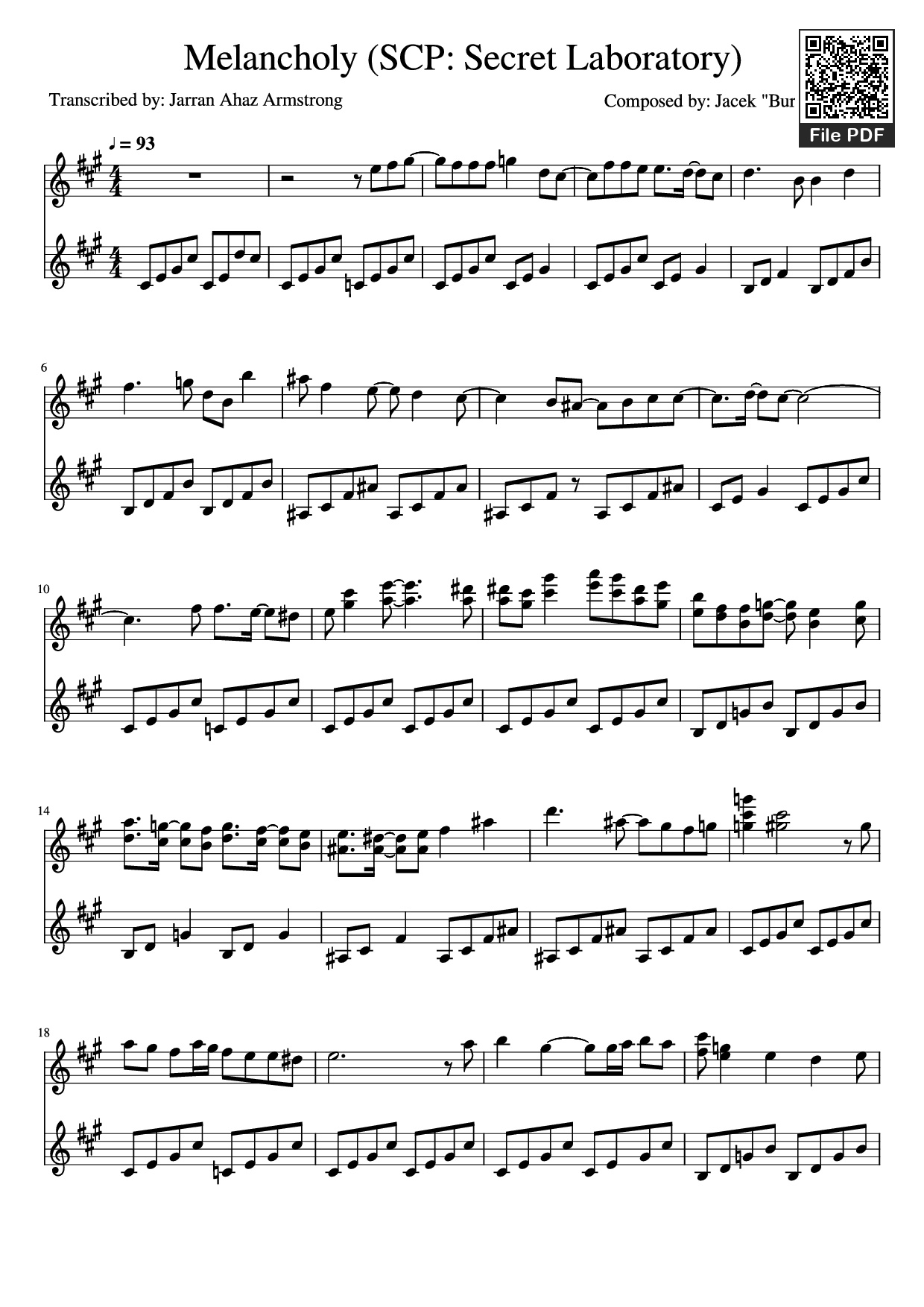 Trang 1 của Sheet nhạc PDF Piano bài hát Melancholy (SCP: Secret Laboratory) Piano - Composed by: Jacek Burnert Rogal