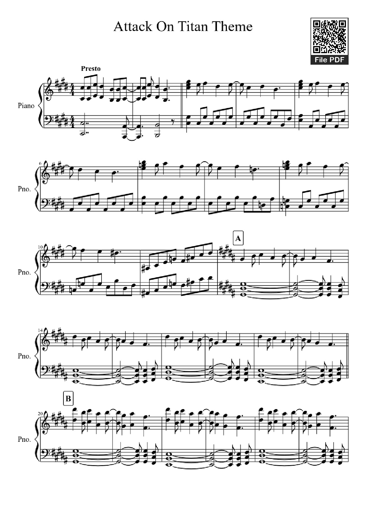 Sheet nhạc PDF bài Attack On Titan Theme Piano