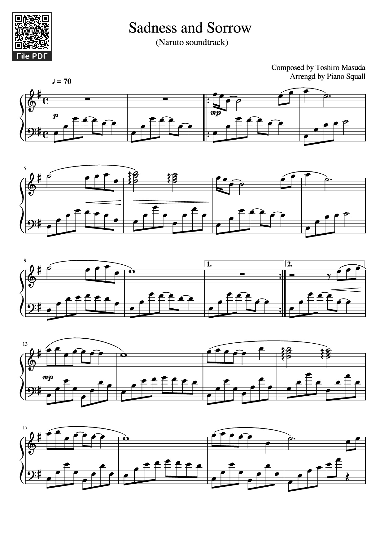 Sheet nhạc PDF bài Sadness and Sorrow Piano