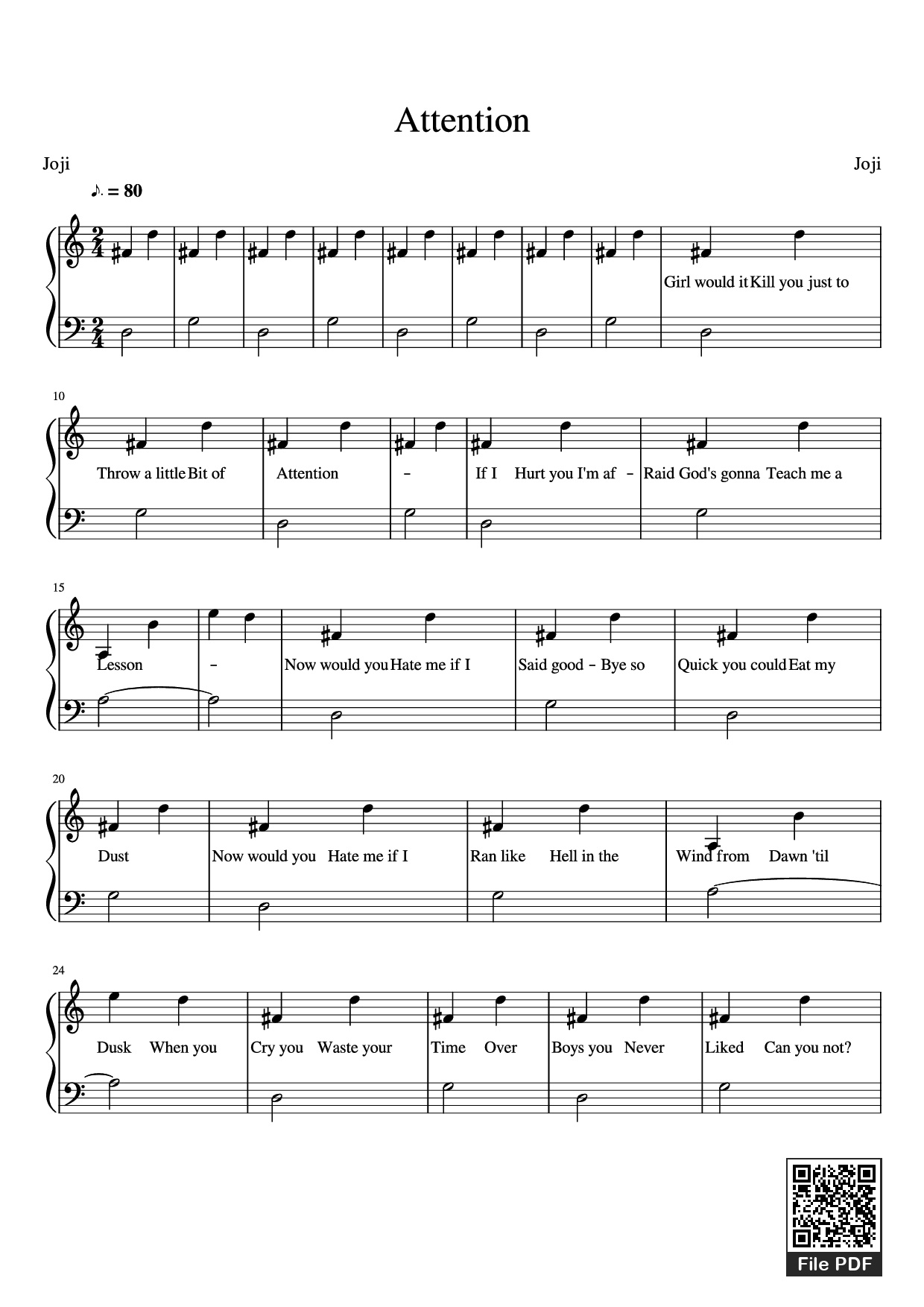 Trang 1 của Sheet nhạc PDF Piano bài hát Attention Piano - Joji