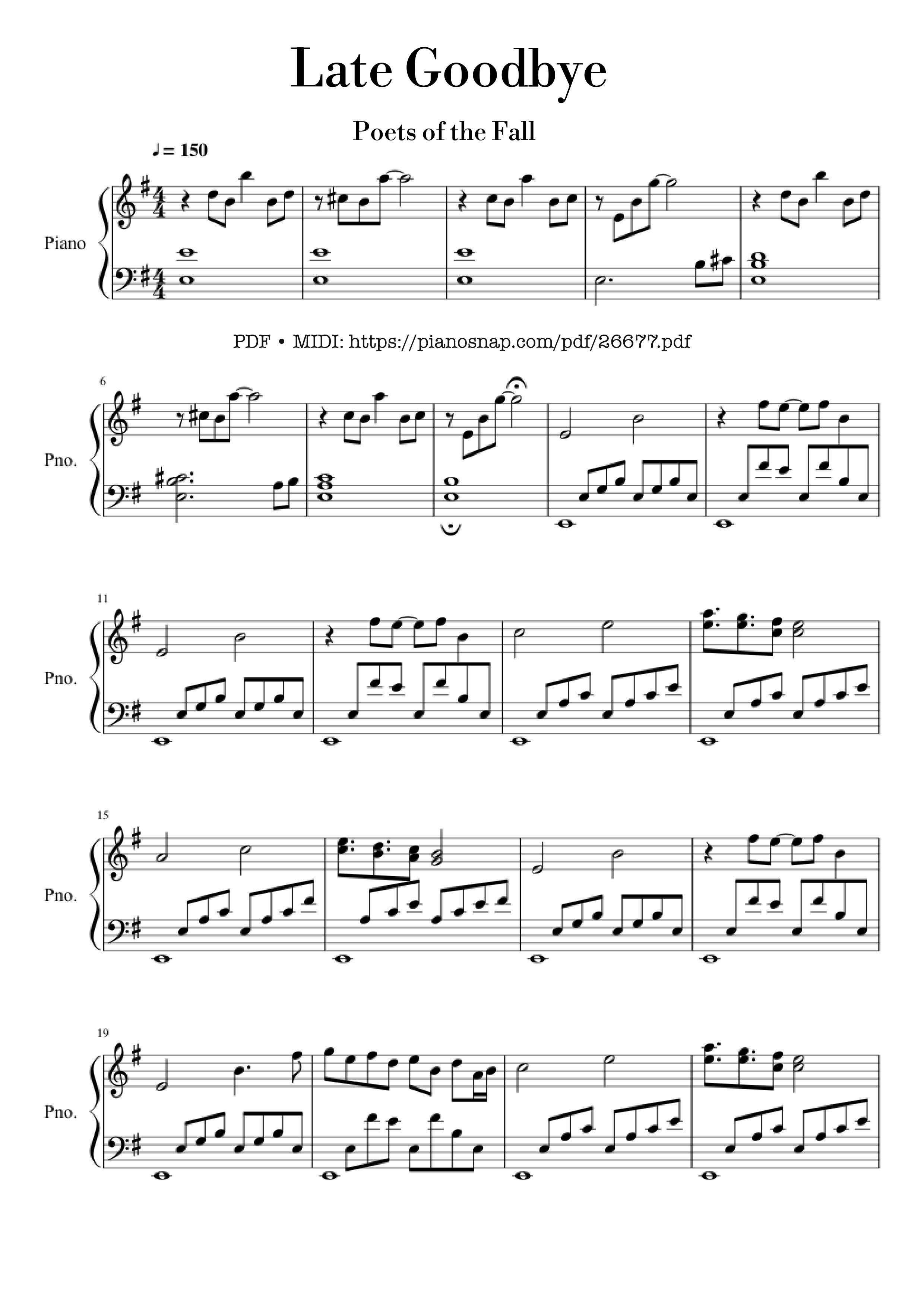 Trang 1 của Sheet nhạc PDF Piano bài hát Late Goodbye Piano - Poets of the Fall